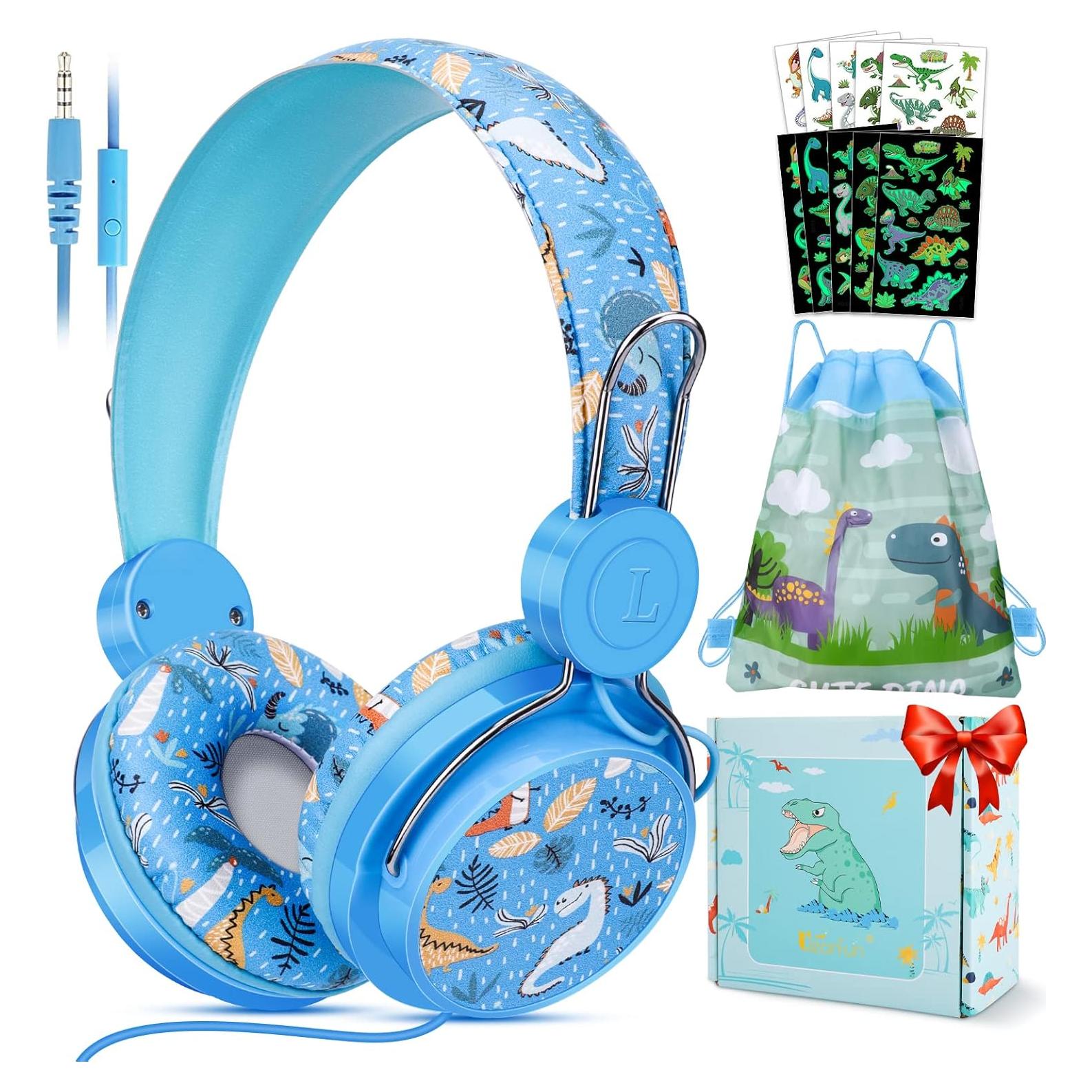 QearFun Dinosaur Headphones for Boys Kids for School, Kids Wired Headphones with Microphone & 3.5mm Jack, Teens Toddlers Noise Cancelling Headphone with Adjustable Headband for Tablet/Smartphones