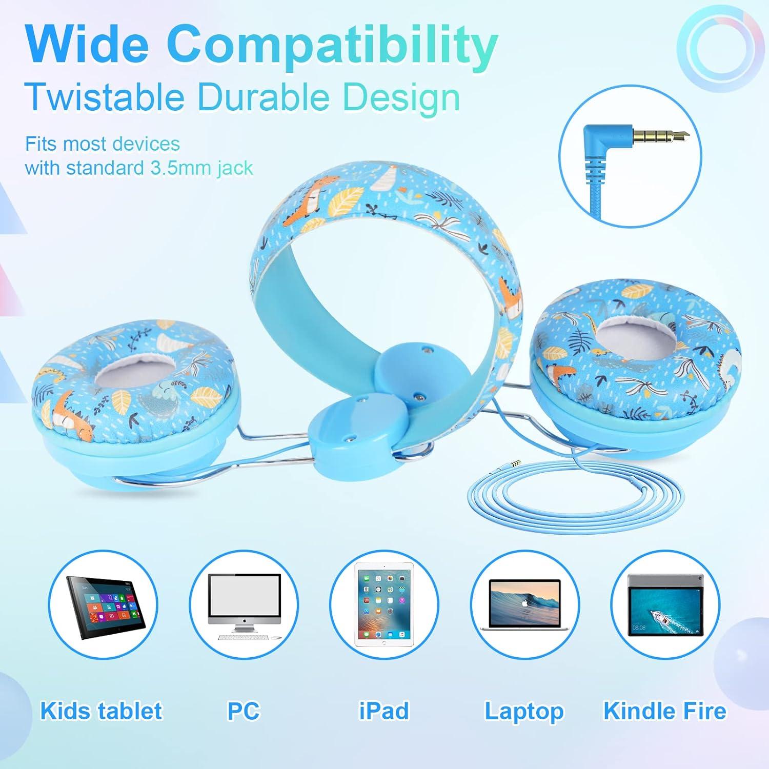 QearFun Dinosaur Headphones for Boys Kids for School, Kids Wired Headphones with Microphone & 3.5mm Jack, Teens Toddlers Noise Cancelling Headphone with Adjustable Headband for Tablet/Smartphones