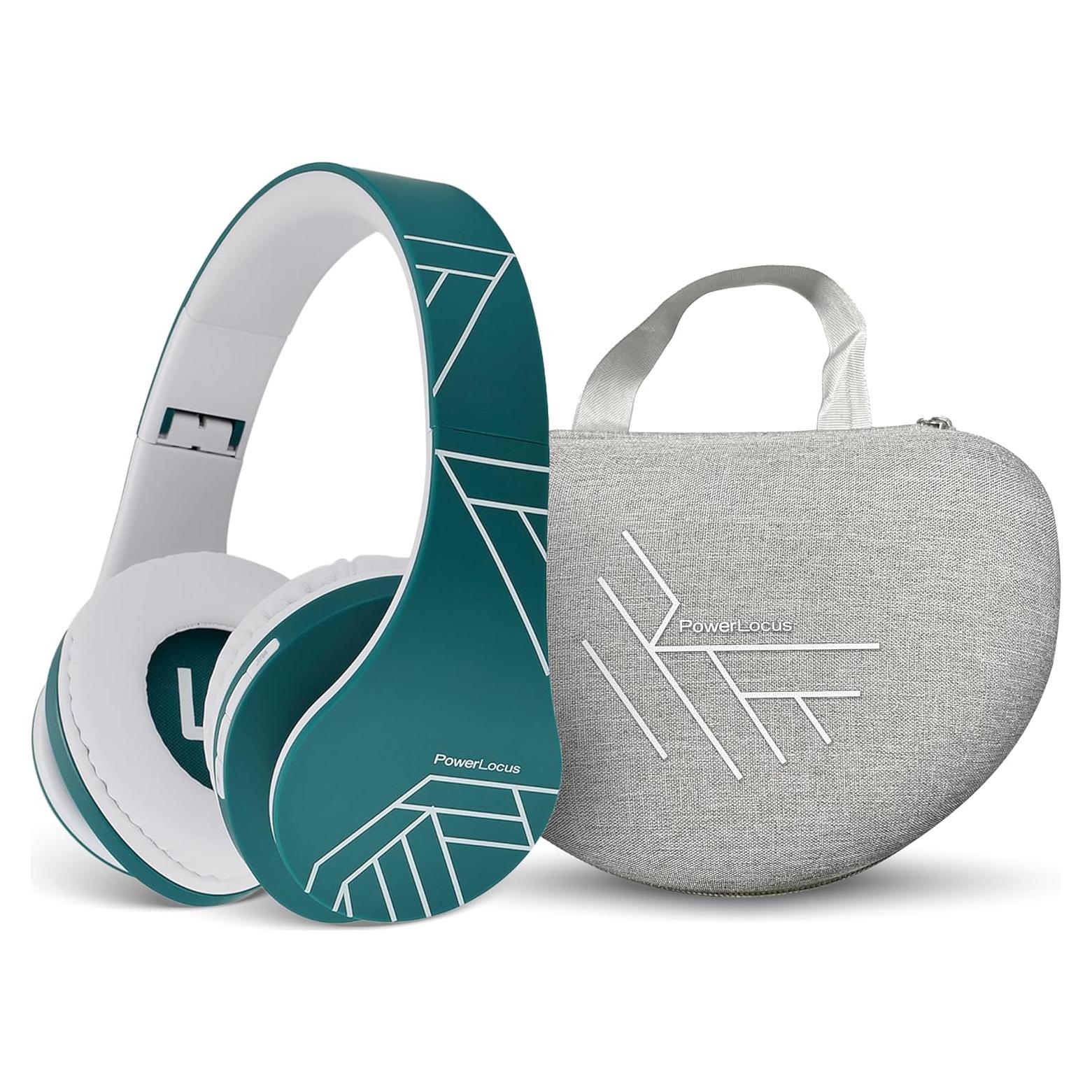 PowerLocus Bluetooth Headphones Over Ear, Foldable Headphones Wireless, Micro SD/TF, FM Radio for Travel/Tablets/PC (Blue and Grey Carry Case)