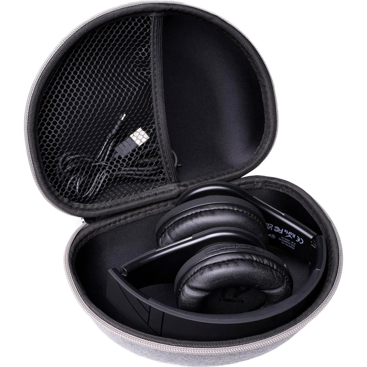 PowerLocus Bluetooth Headphones Over Ear, Foldable Headphones Wireless, Micro SD/TF, FM Radio for Travel/Tablets/PC (Blue and Grey Carry Case)