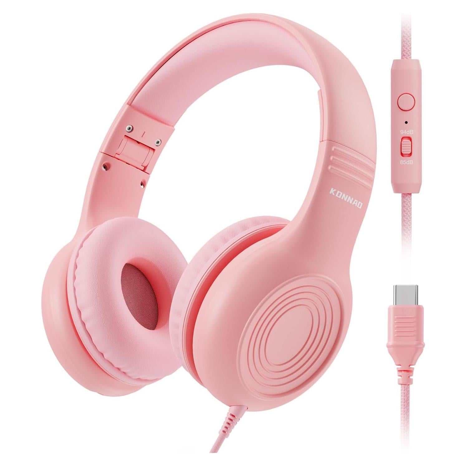 Upgrade USB Type C Kids Headphones, Wired Headphones for Kids with Microphone for Boys Girls, Adjustable 85dB/94dB Volume Limited (Pink)