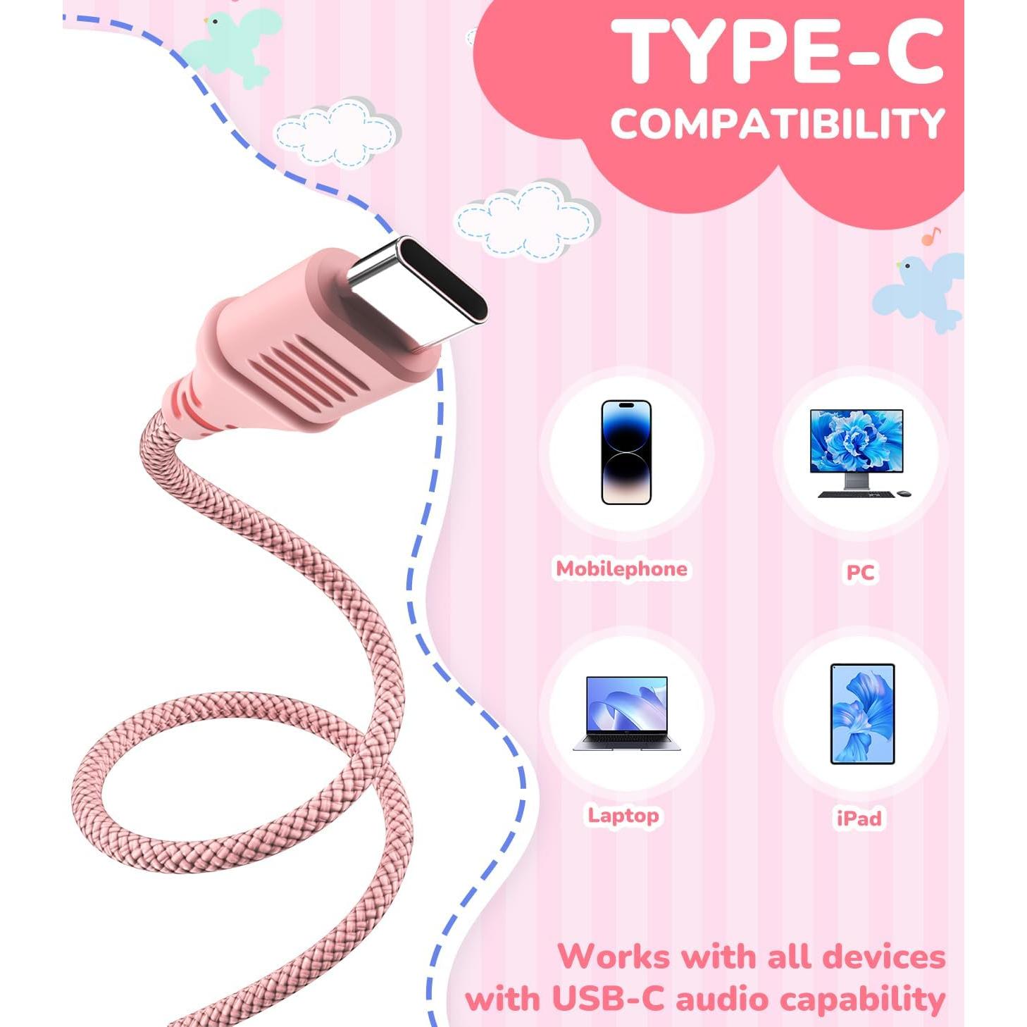 Upgrade USB Type C Kids Headphones, Wired Headphones for Kids with Microphone for Boys Girls, Adjustable 85dB/94dB Volume Limited (Pink)