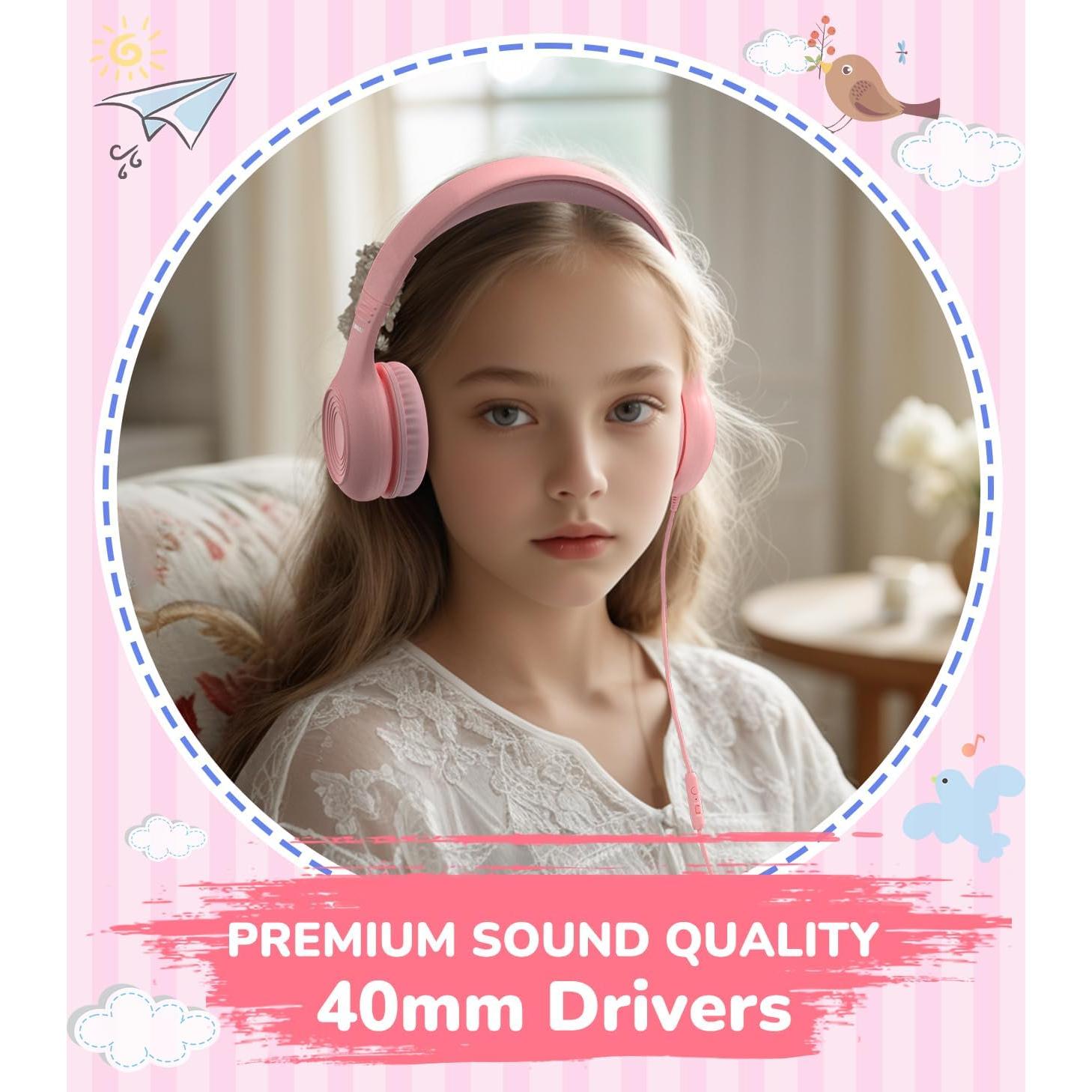 Upgrade USB Type C Kids Headphones, Wired Headphones for Kids with Microphone for Boys Girls, Adjustable 85dB/94dB Volume Limited (Pink)