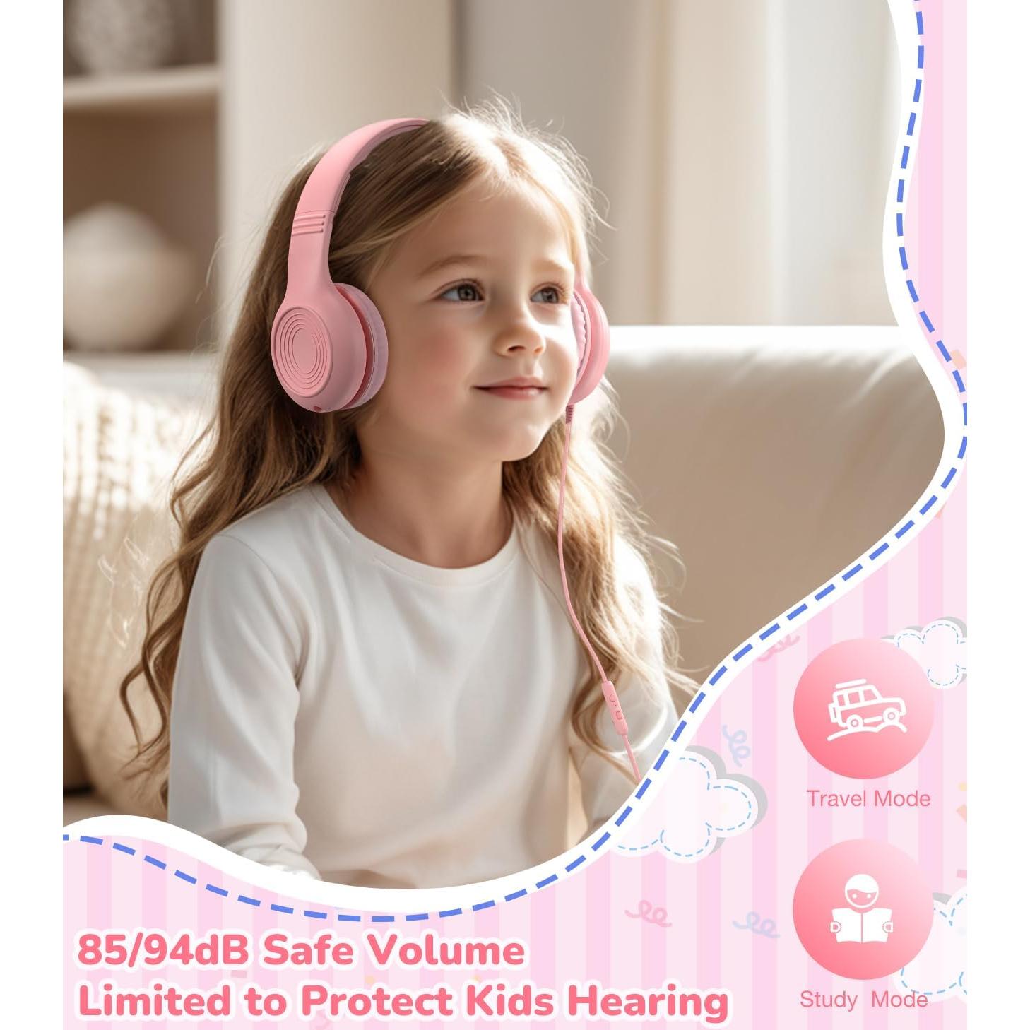Upgrade USB Type C Kids Headphones, Wired Headphones for Kids with Microphone for Boys Girls, Adjustable 85dB/94dB Volume Limited (Pink)