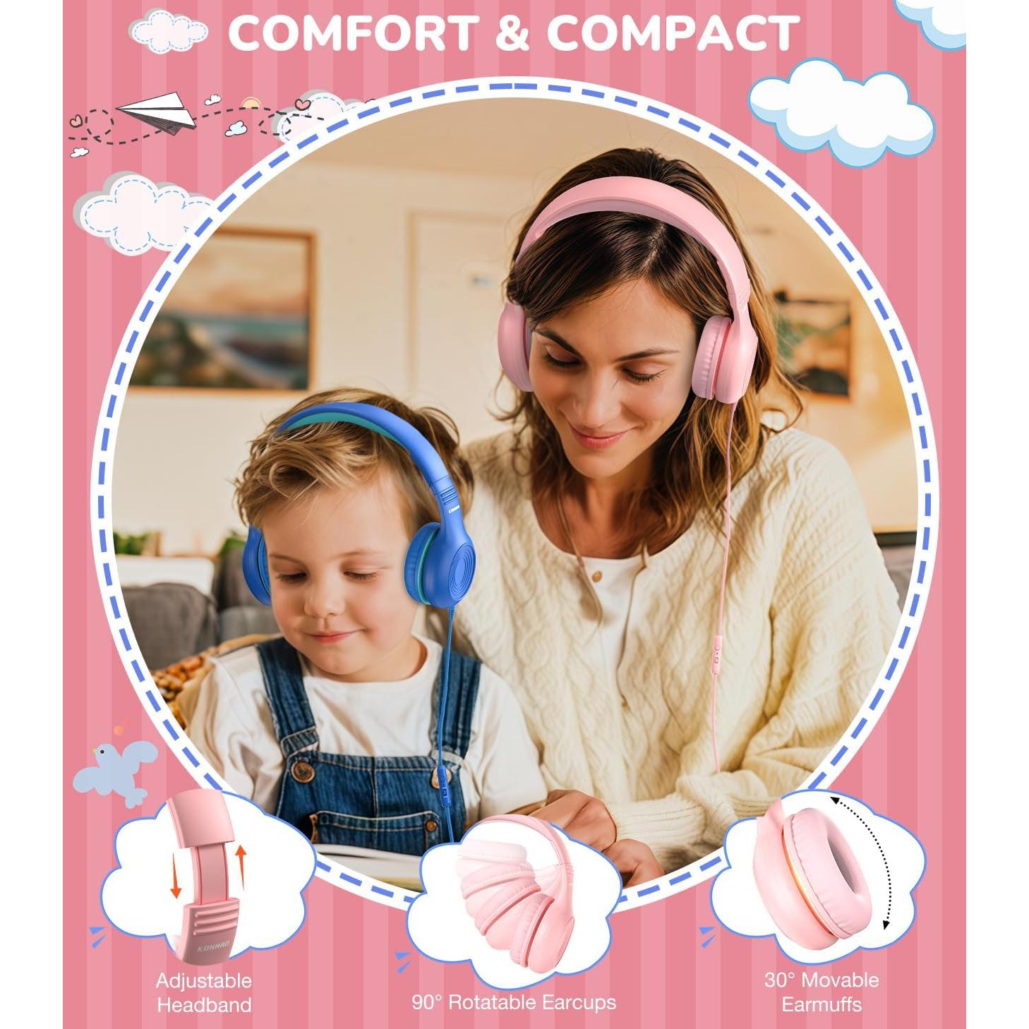 Upgrade USB Type C Kids Headphones, Wired Headphones for Kids with Microphone for Boys Girls, Adjustable 85dB/94dB Volume Limited (Pink)