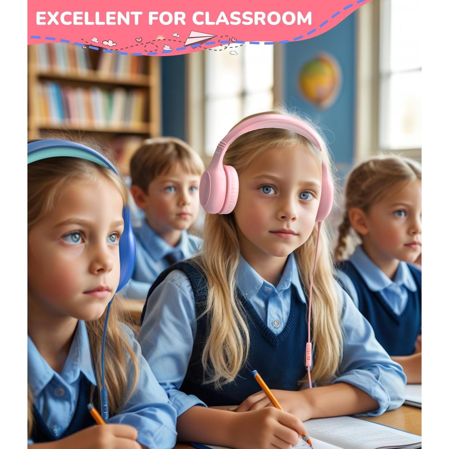 Upgrade USB Type C Kids Headphones, Wired Headphones for Kids with Microphone for Boys Girls, Adjustable 85dB/94dB Volume Limited (Pink)