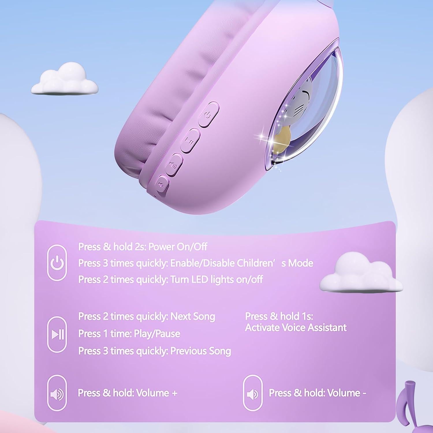 Auriculares Bluetooth 5.4 Esonstyle S21 Niños Púrpura 85dB