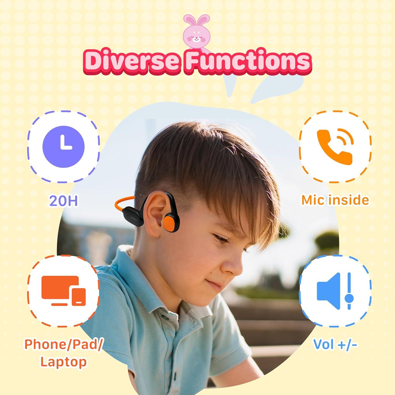 Kids Bluetooth Headphones Wireless Earbuds, Open Ear Headphones for Kids, Internal Mic, IPX5 Waterproof, 30g Lightweight & Robust, Air Conduction Non-in-Ear, 85dB Hearing Protection