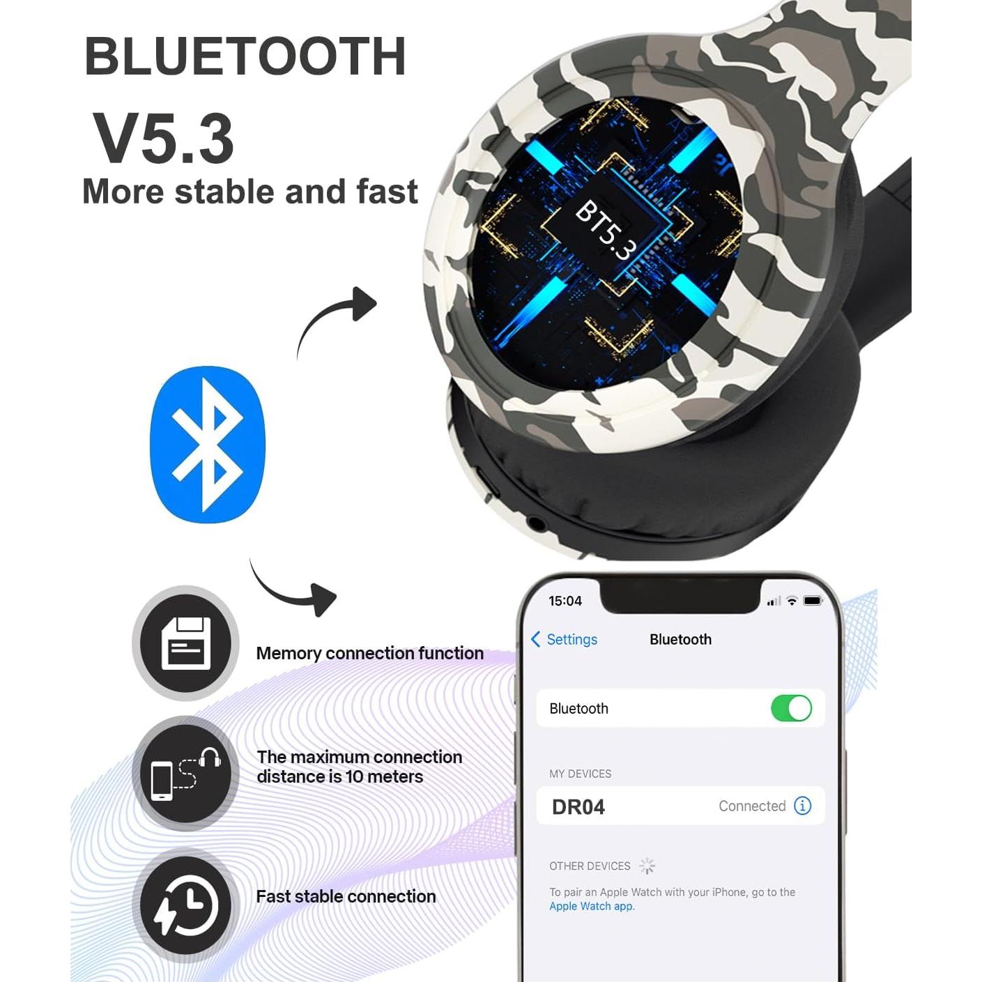 Auriculares Bluetooth 5.3 KDH-DR para Niños Plegables Gris