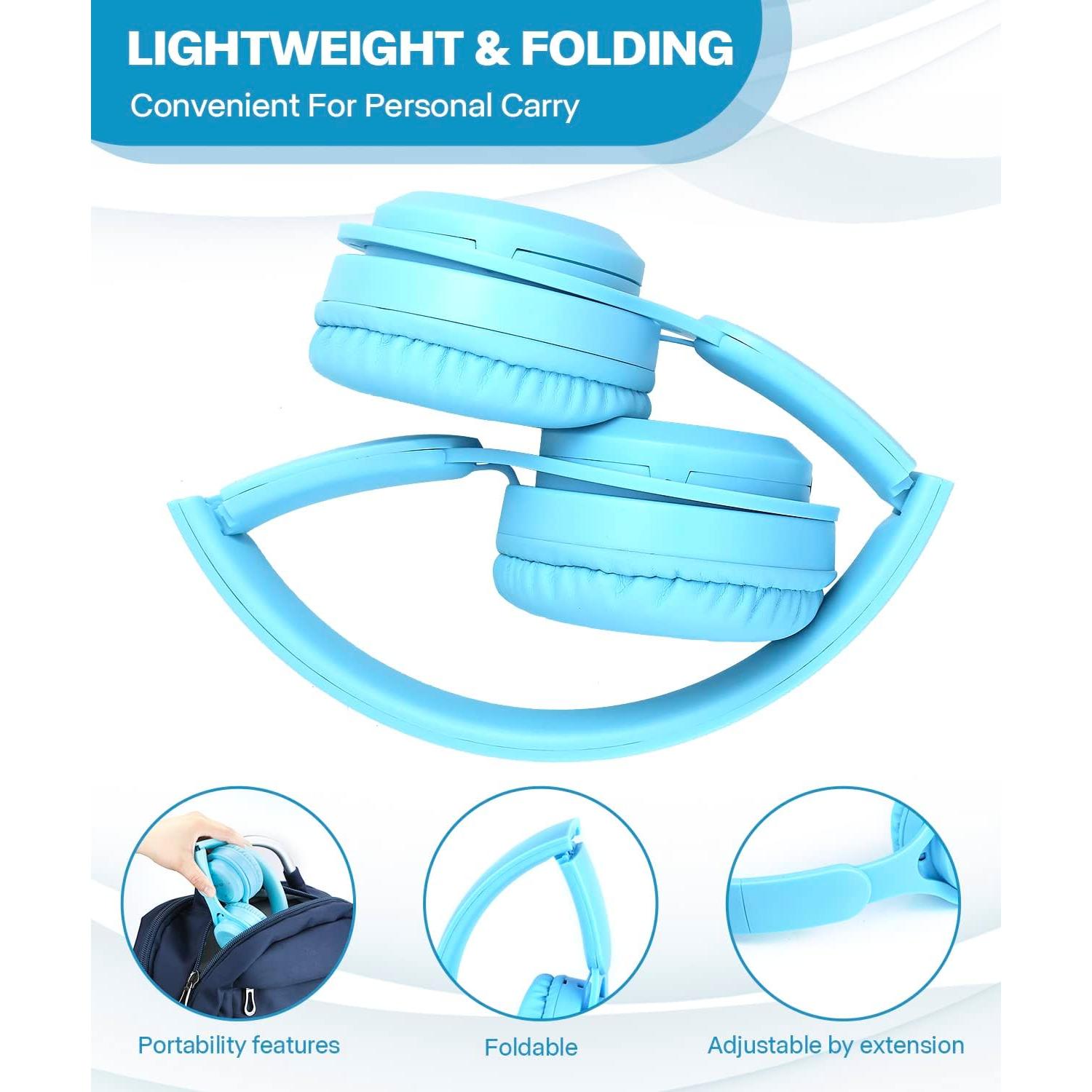 Kids Bluetooth Headphones, On Ear Wireless Headsets for Children with Built-in Microphone, Foldable Stereo Detachable Aux 3.5mm Cord, Kids Headphones for Boys Girls School iPad Tablet (Blue)