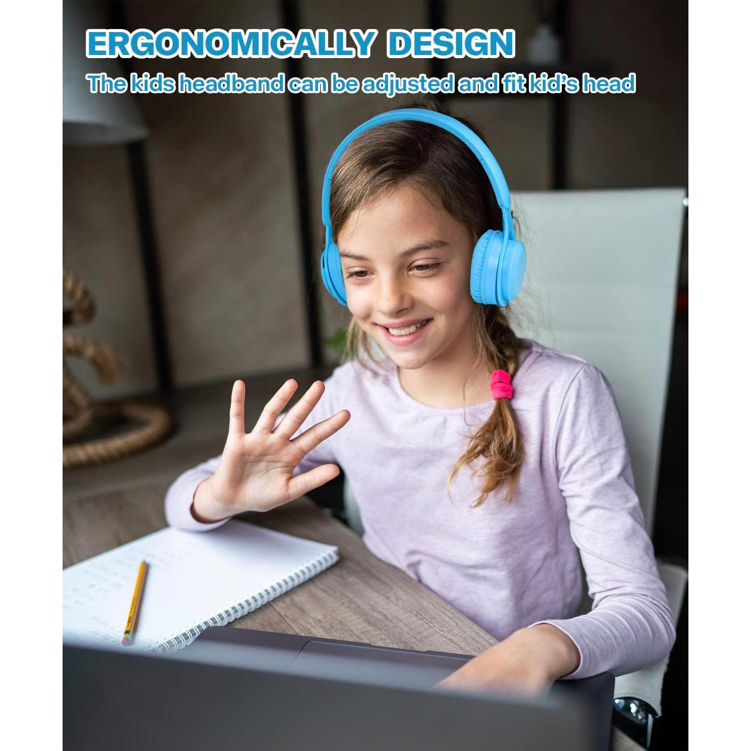 Kids Bluetooth Headphones, On Ear Wireless Headsets for Children with Built-in Microphone, Foldable Stereo Detachable Aux 3.5mm Cord, Kids Headphones for Boys Girls School iPad Tablet (Blue)