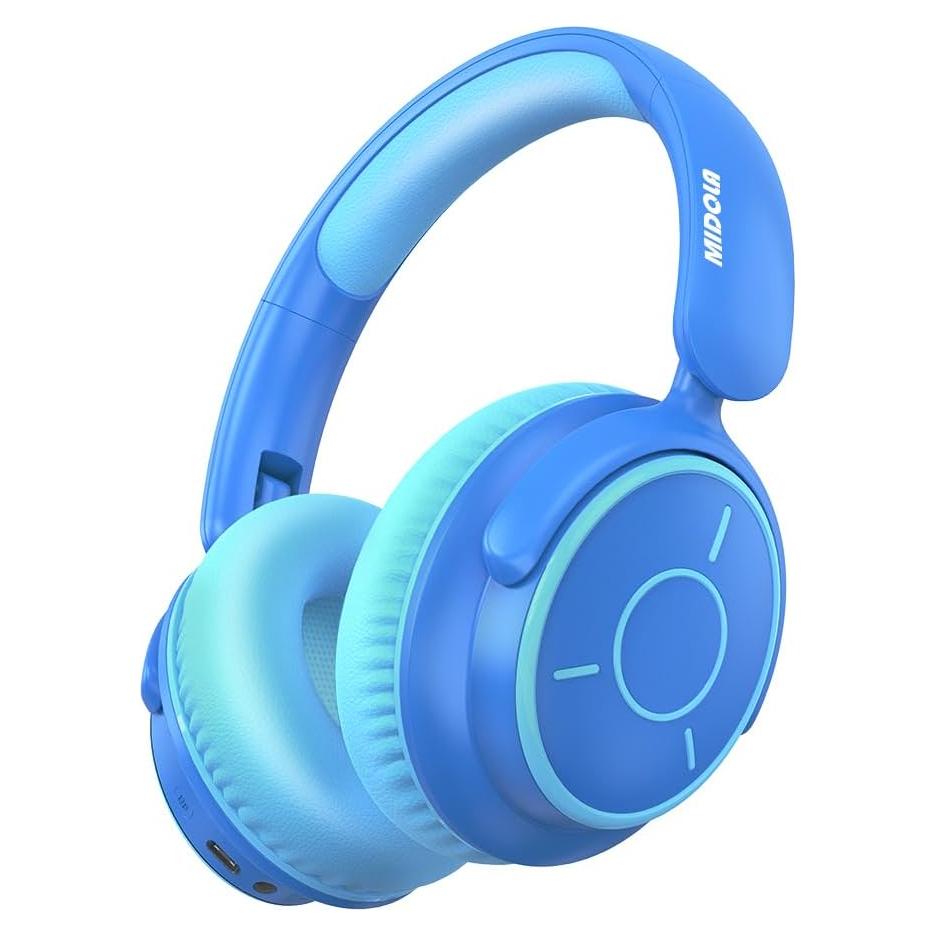 MIDOLA Kids Headphones Bluetooth 5.3 Wireless Volume Limited 85/94dB Hearing Protection Over Ear,68 Hours Playtime Foldable Lightweight Headset with Built-in Mic for Toddler Child Travel School Blue
