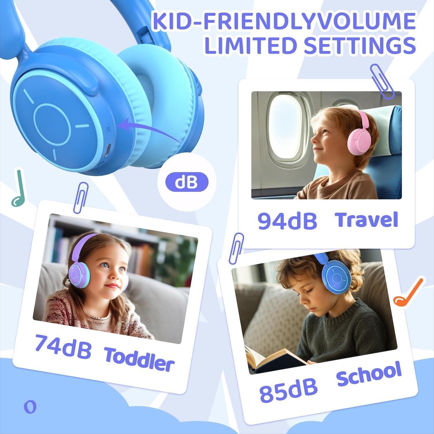MIDOLA Kids Headphones Bluetooth 5.3 Wireless Volume Limited 85/94dB Hearing Protection Over Ear,68 Hours Playtime Foldable Lightweight Headset with Built-in Mic for Toddler Child Travel School Blue