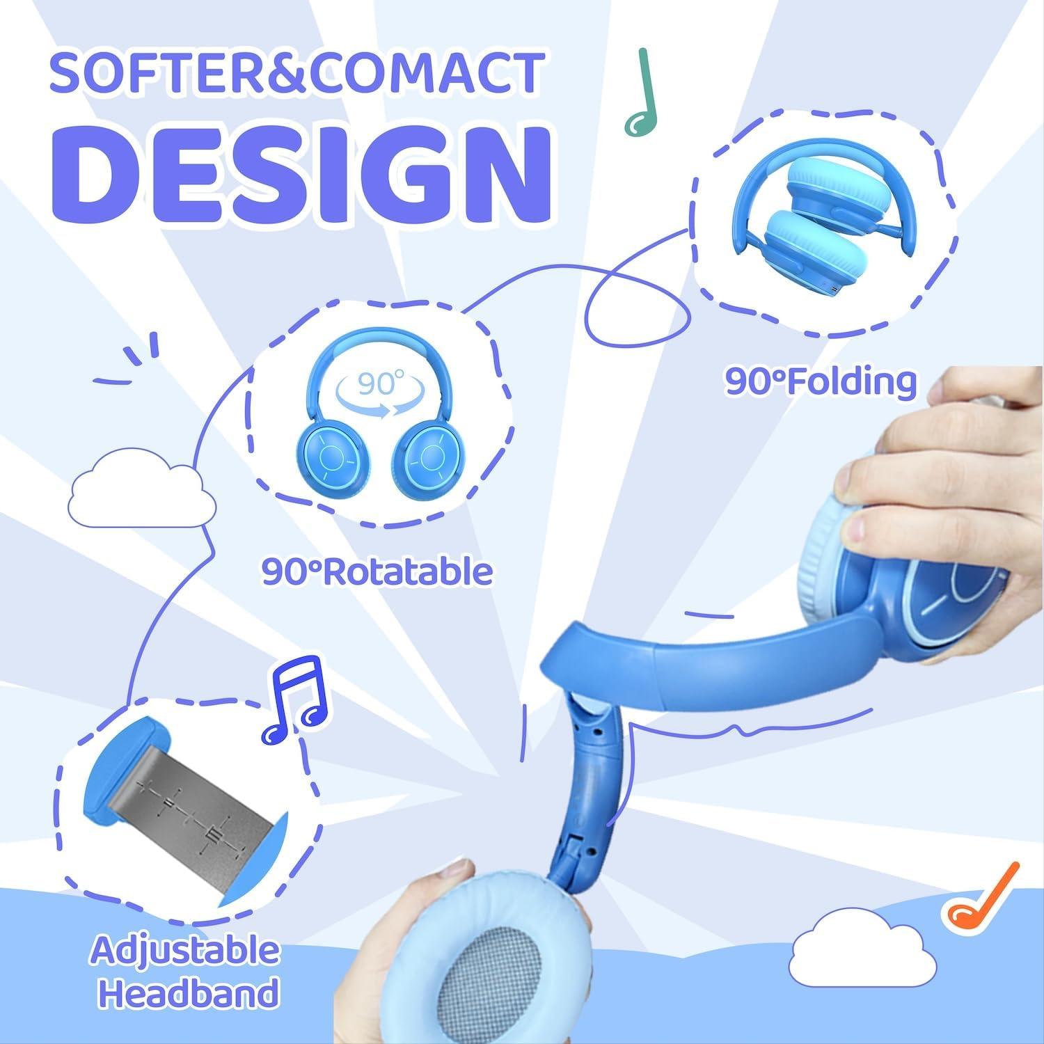 MIDOLA Kids Headphones Bluetooth 5.3 Wireless Volume Limited 85/94dB Hearing Protection Over Ear,68 Hours Playtime Foldable Lightweight Headset with Built-in Mic for Toddler Child Travel School Blue