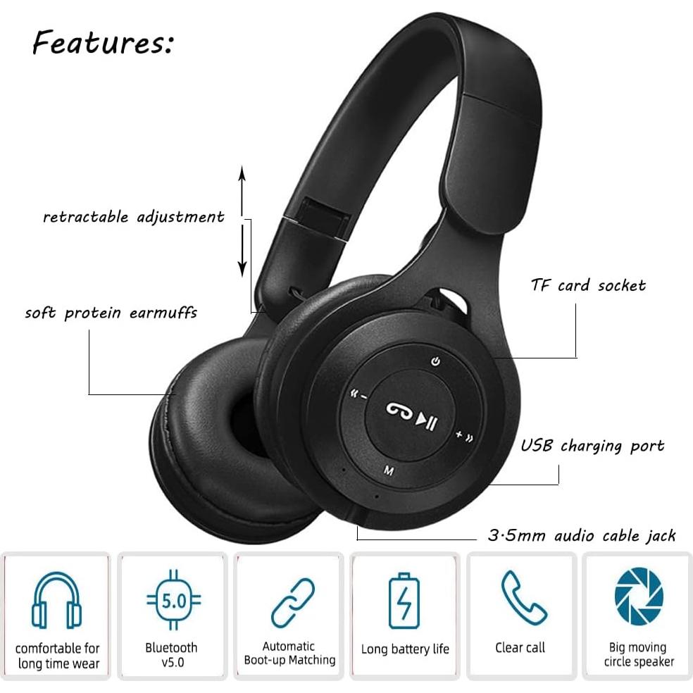 Kids Bluetooth Headphones, Over-Ear Wireless Bluetooth 5.0 Headset, Comfortable Protein Earpads and Folding Storage,HiFi Music Player with Microphone Bluetooth Wireless Headset (Black)