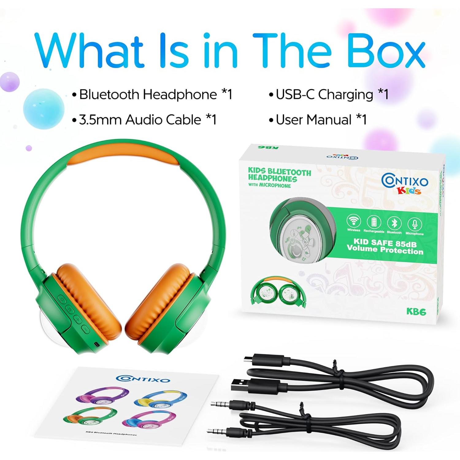 Auriculares Bluetooth Contixo KB6 Niños Verde 85dB Plegables