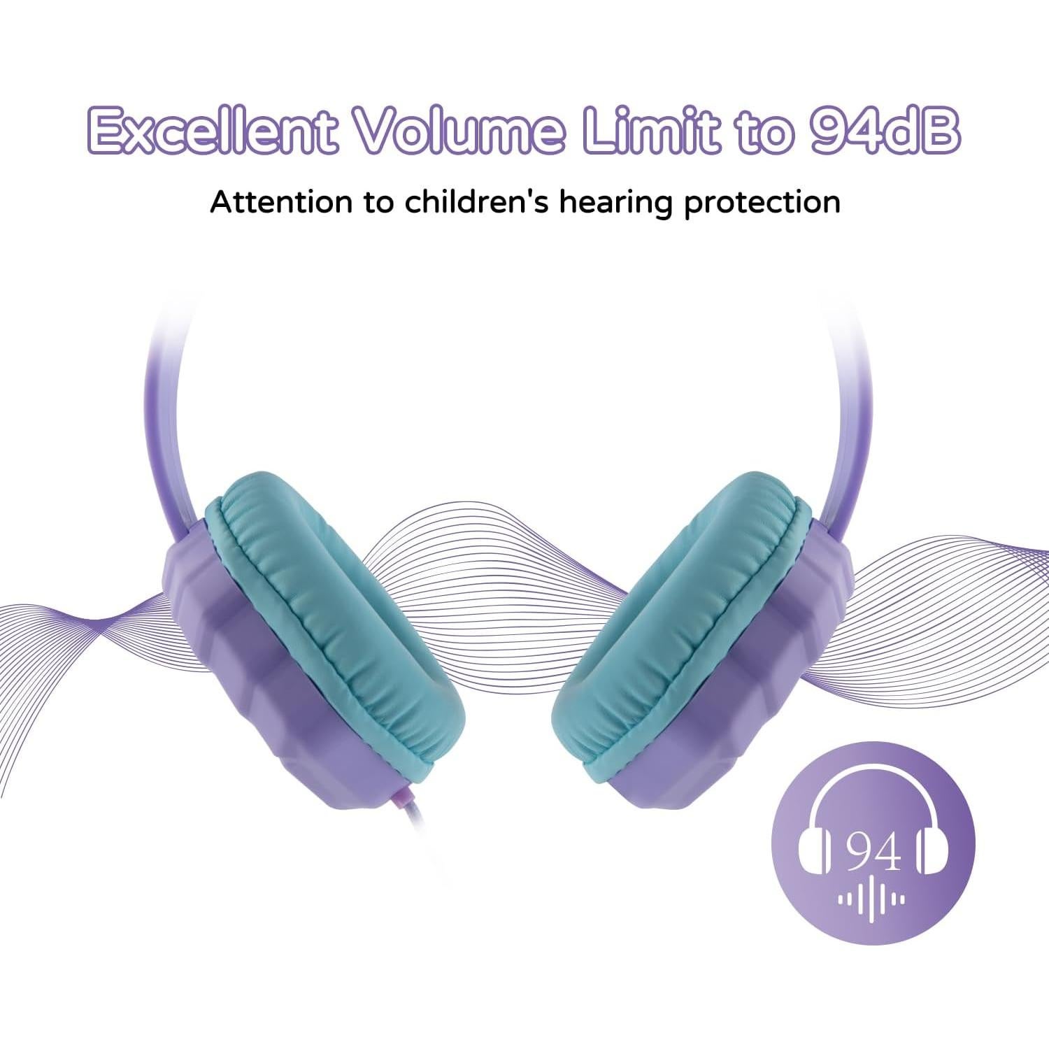 Olyre Kids Headphones Wired with Microphone,94dB Volume Limit Headphones for Kids,Purple Green