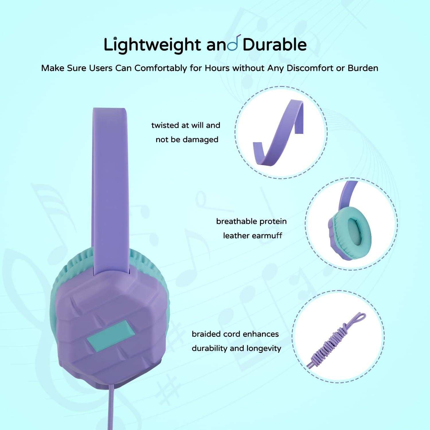 Olyre Kids Headphones Wired with Microphone,94dB Volume Limit Headphones for Kids,Purple Green