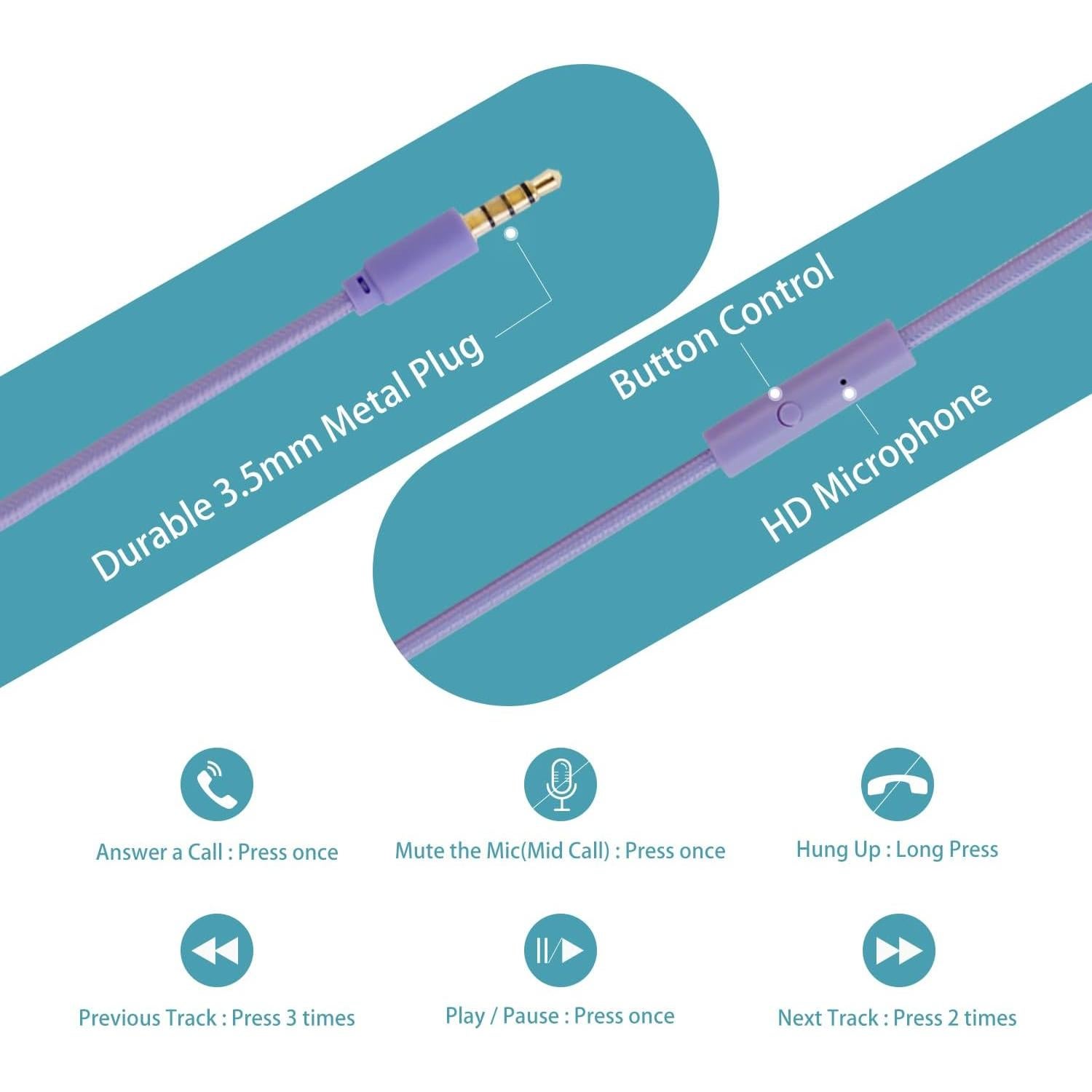 Olyre Kids Headphones Wired with Microphone,94dB Volume Limit Headphones for Kids,Purple Green