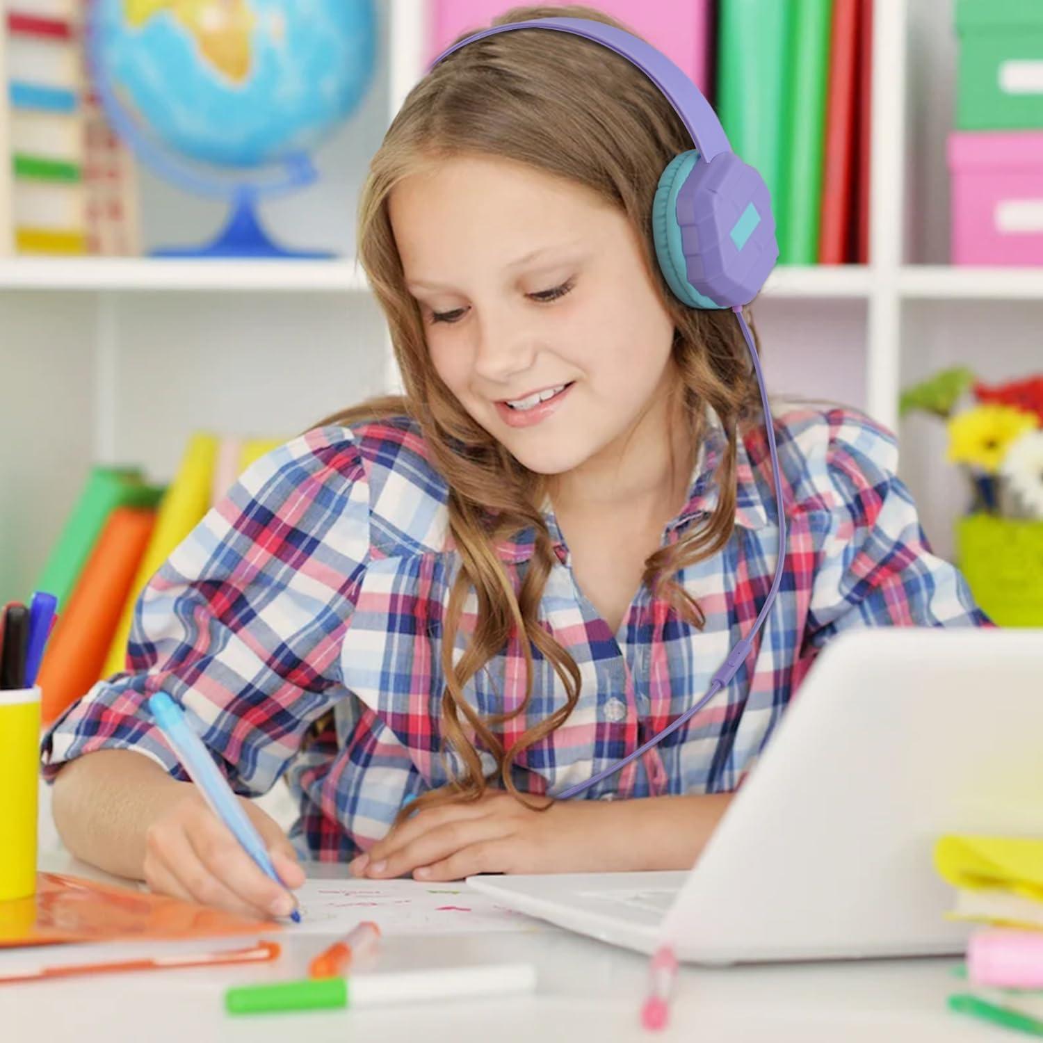 Olyre Kids Headphones Wired with Microphone,94dB Volume Limit Headphones for Kids,Purple Green