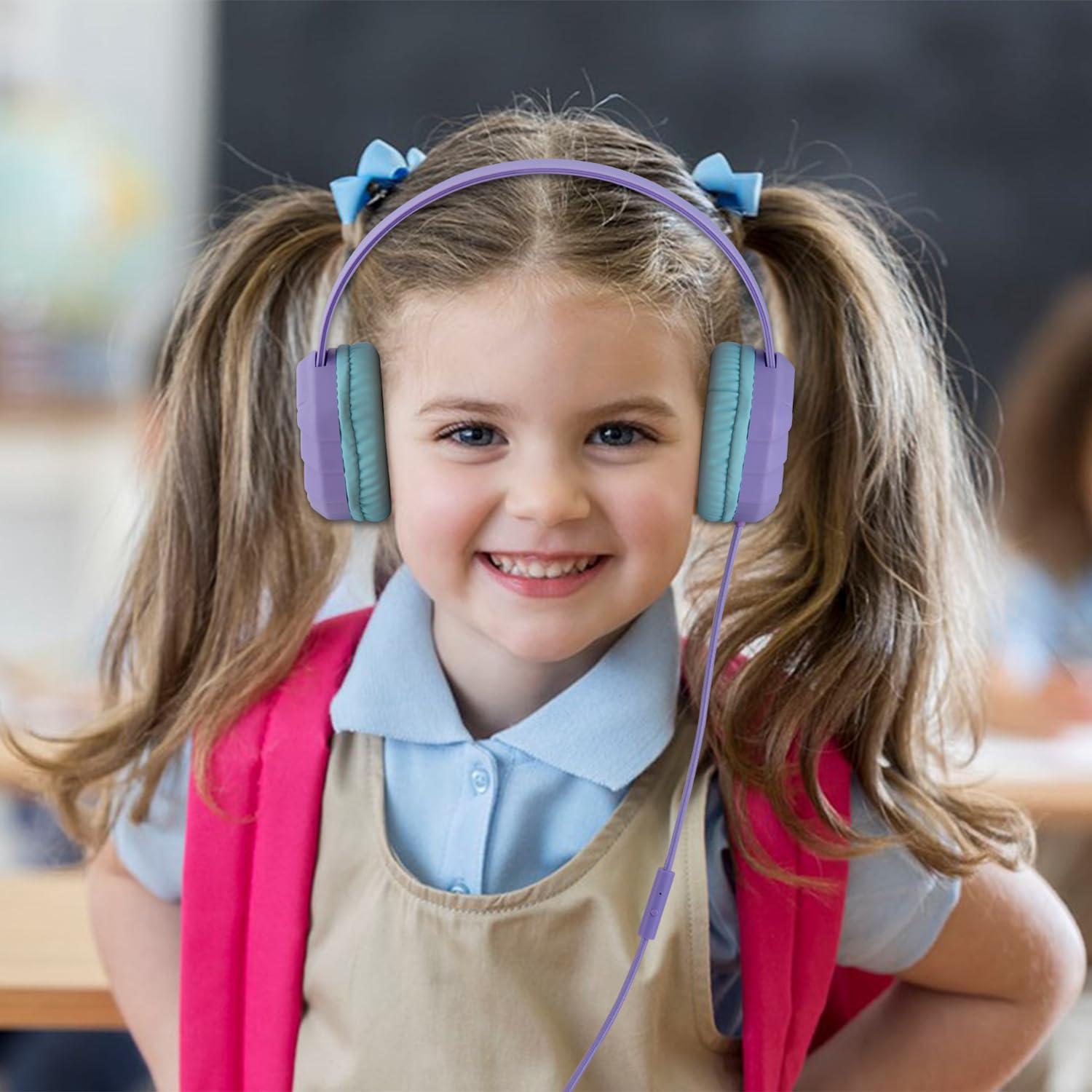 Olyre Kids Headphones Wired with Microphone,94dB Volume Limit Headphones for Kids,Purple Green