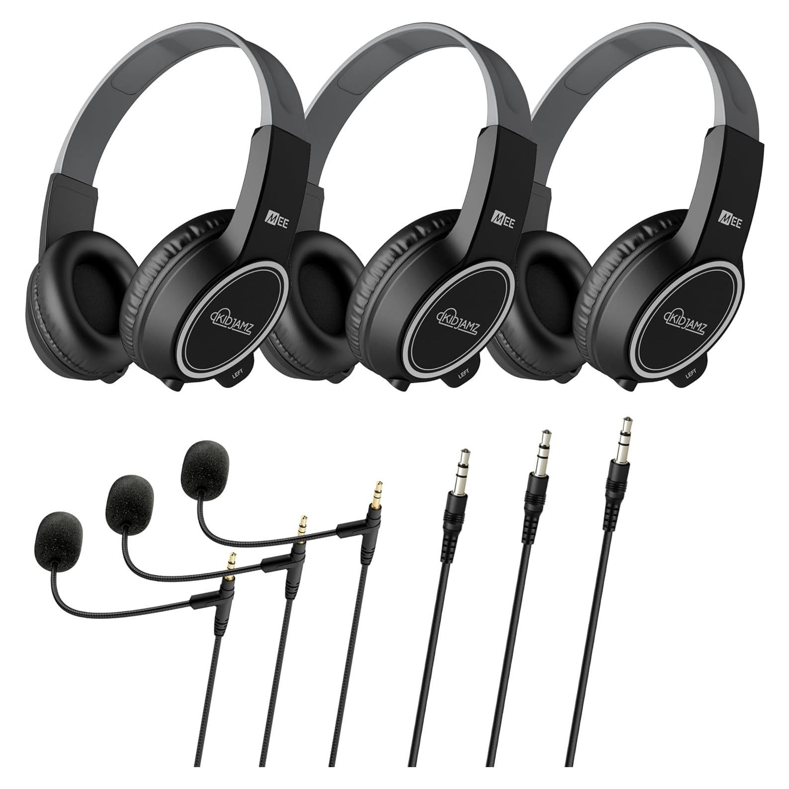 MEE audio KidJamz Safe Listening Headset for Kids 3-Pack with Volume-limiting Technology + 2 Cables; Includes Boom Microphone for Remote Learning, Video Chat, Gaming, and Phone Calls (Black, 3-Pack)