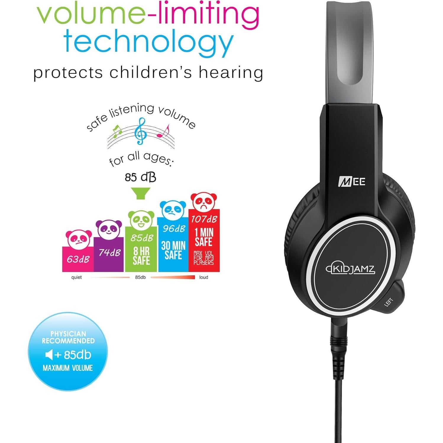 MEE audio KidJamz Safe Listening Headset for Kids 3-Pack with Volume-limiting Technology + 2 Cables; Includes Boom Microphone for Remote Learning, Video Chat, Gaming, and Phone Calls (Black, 3-Pack)