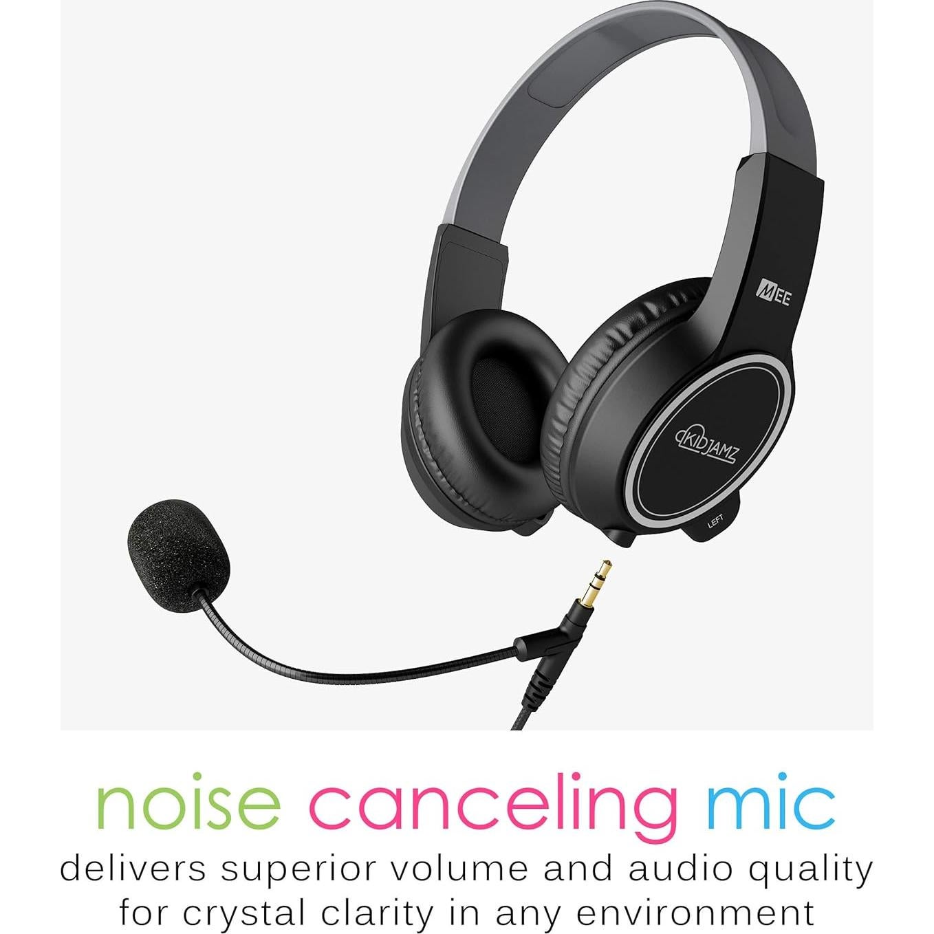 MEE audio KidJamz Safe Listening Headset for Kids 3-Pack with Volume-limiting Technology + 2 Cables; Includes Boom Microphone for Remote Learning, Video Chat, Gaming, and Phone Calls (Black, 3-Pack)