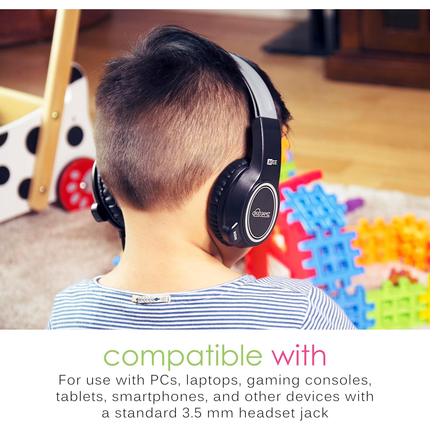 MEE audio KidJamz Safe Listening Headset for Kids 3-Pack with Volume-limiting Technology + 2 Cables; Includes Boom Microphone for Remote Learning, Video Chat, Gaming, and Phone Calls (Black, 3-Pack)