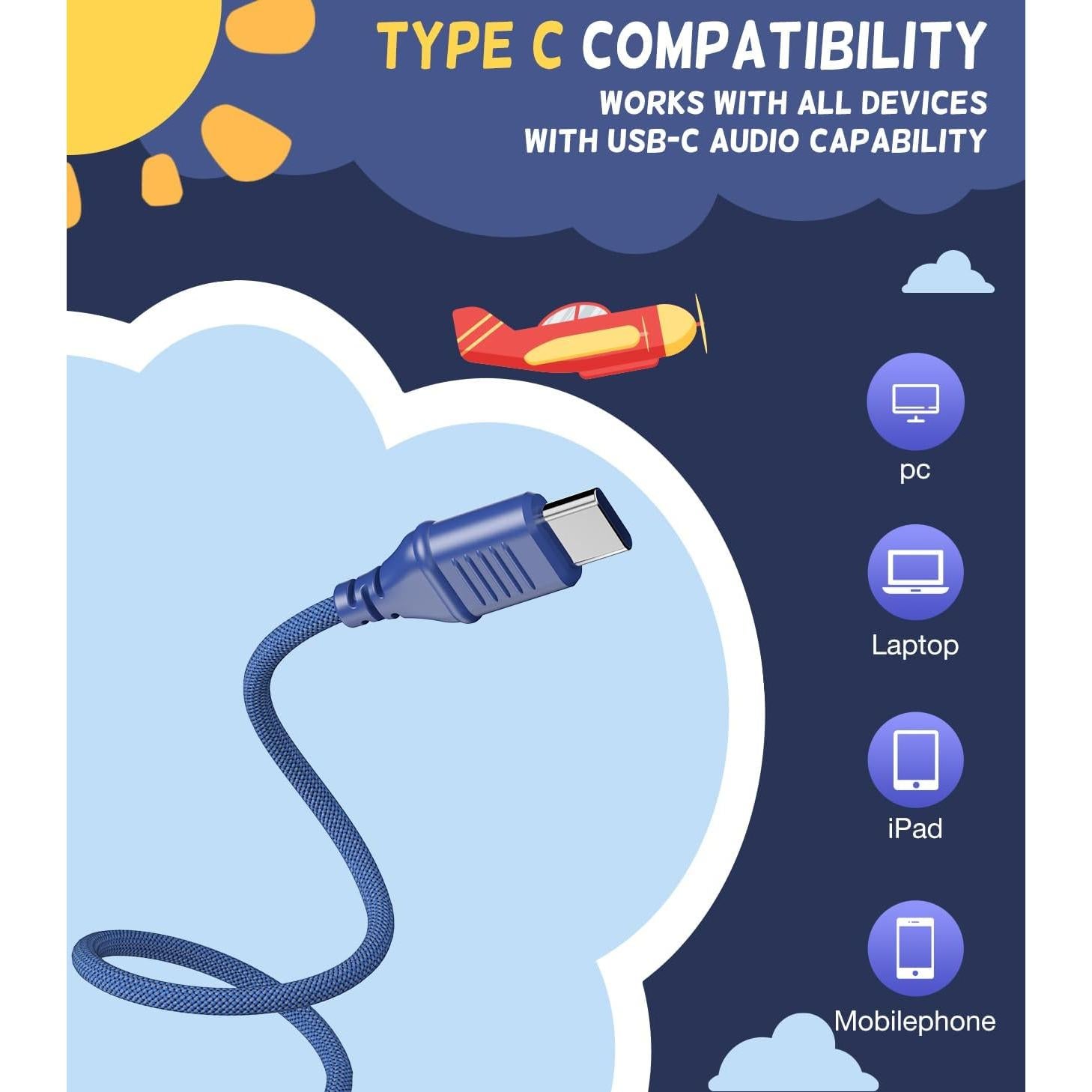 Auriculares USB Tipo C Cowyawn para Niños 94dB Sonido Estéreo