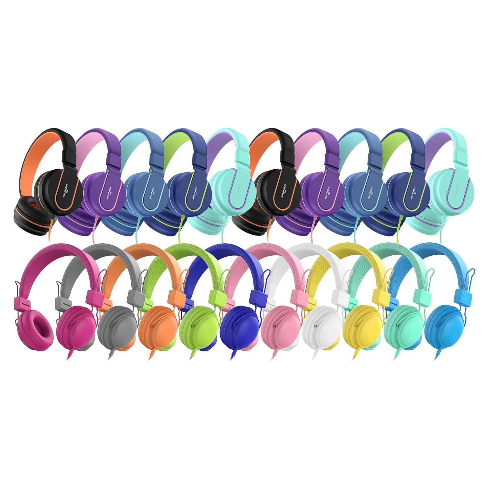 AILIHEN Kids Headphones Bulk 20-Pack for School Classroom K-12, On-Ear Wired Headsets with Microphone & Volume Limited, 3.5mm Jack for Chromebook, Computer, Laptop