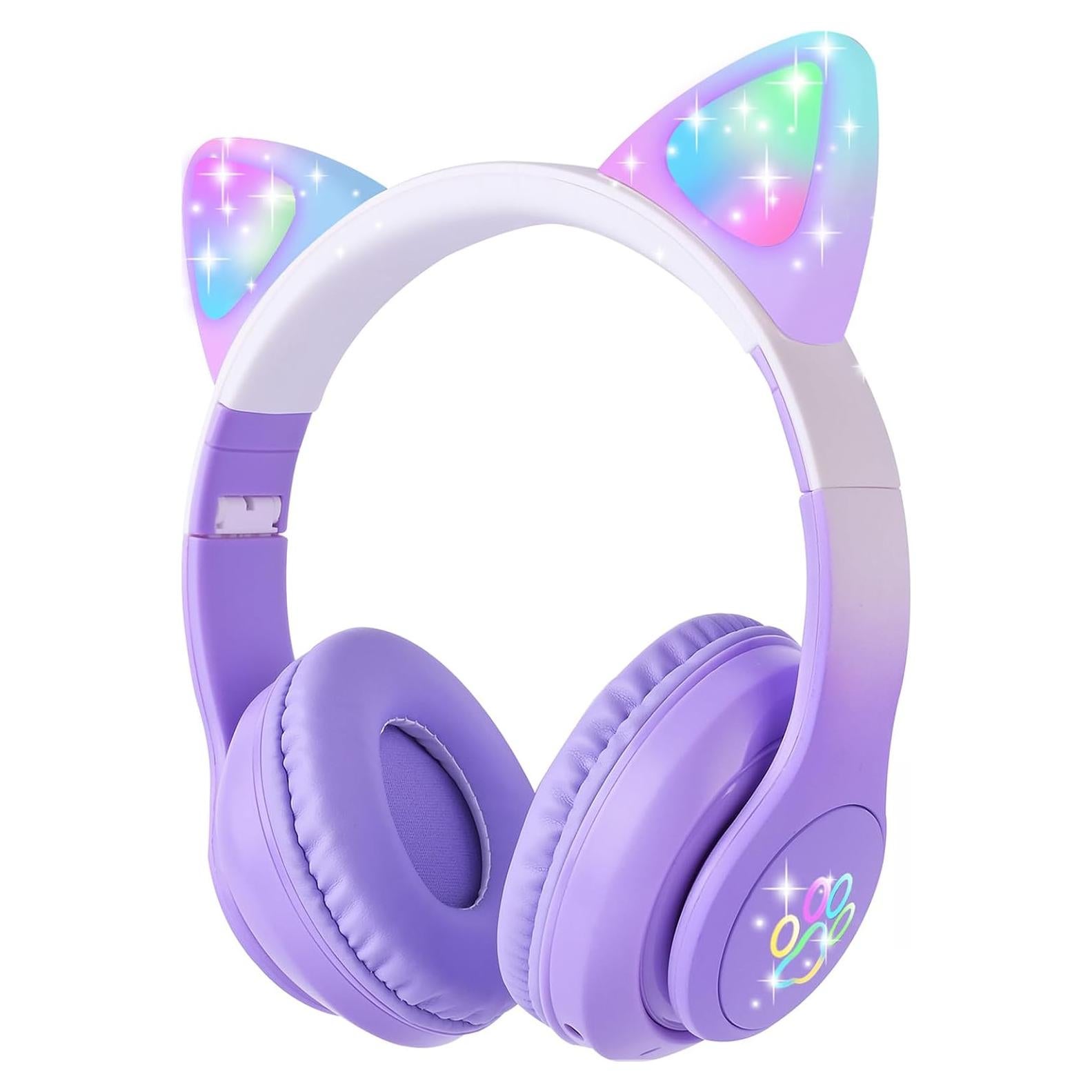 Kids Bluetooth Headphones with LED Cat Ears, Wireless/Wired Mode Headphones for Kids, Foldable Stereo Over Ear Headphones with Built-in Mic for School Birthday Xmas Gift (Purple)