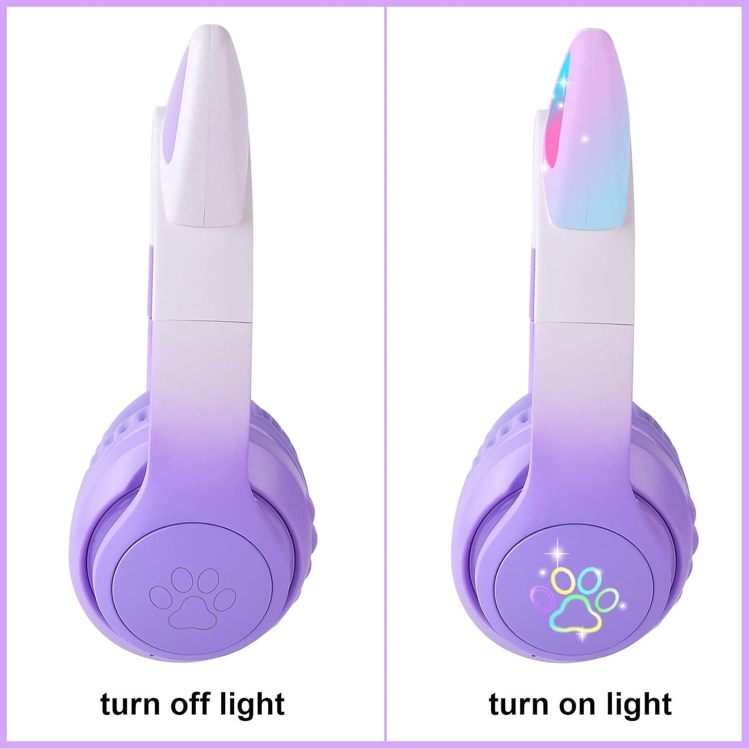 Kids Bluetooth Headphones with LED Cat Ears, Wireless/Wired Mode Headphones for Kids, Foldable Stereo Over Ear Headphones with Built-in Mic for School Birthday Xmas Gift (Purple)
