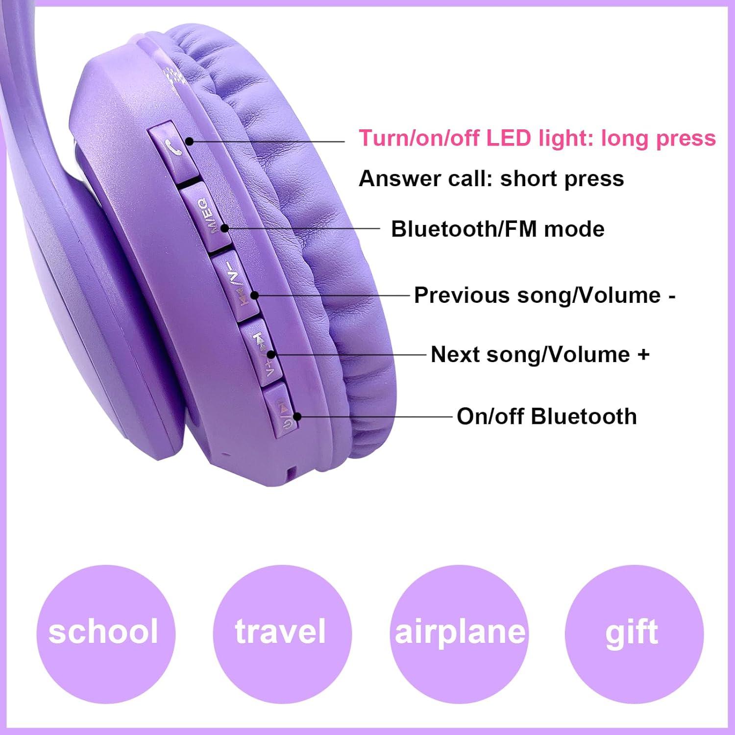 Kids Bluetooth Headphones with LED Cat Ears, Wireless/Wired Mode Headphones for Kids, Foldable Stereo Over Ear Headphones with Built-in Mic for School Birthday Xmas Gift (Purple)