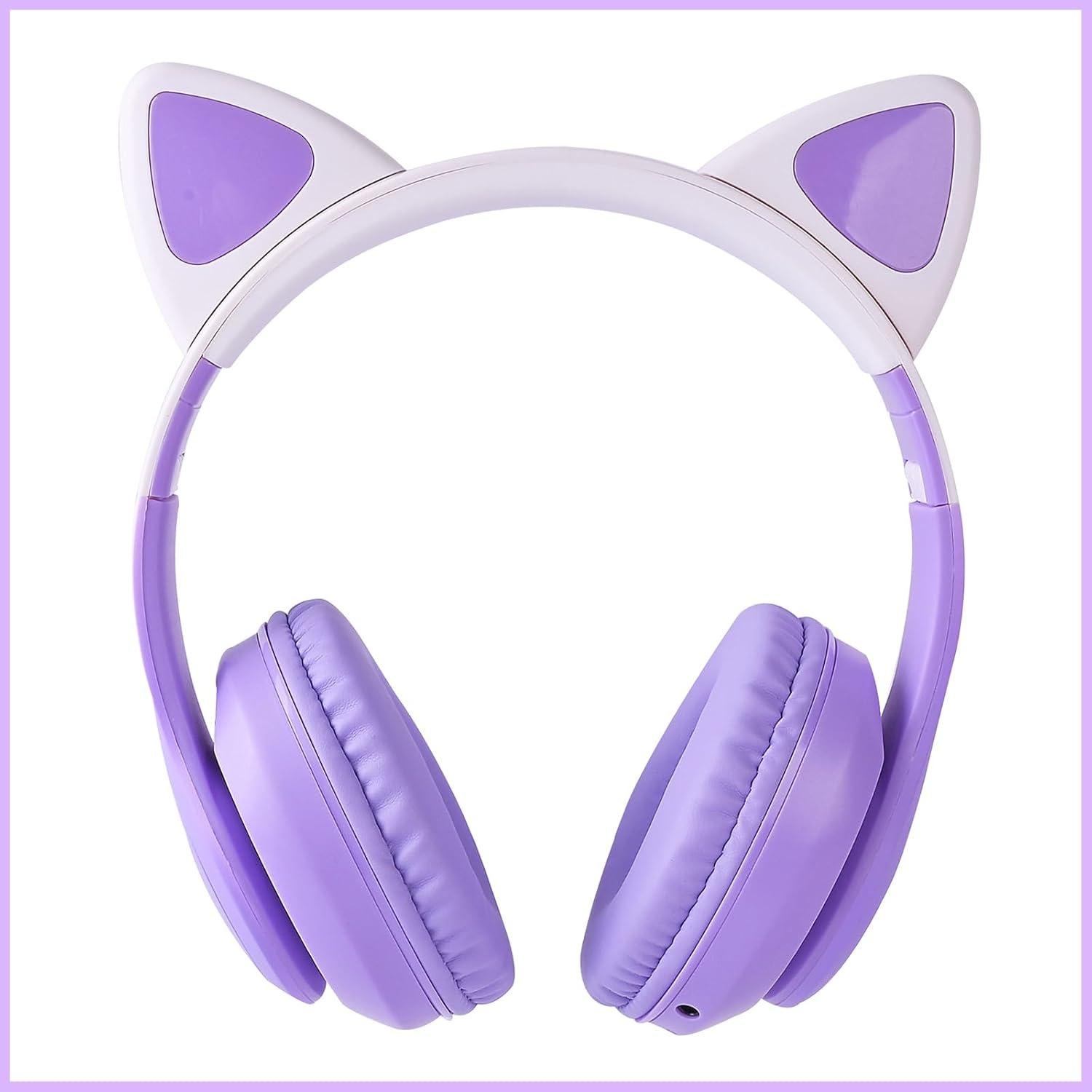Kids Bluetooth Headphones with LED Cat Ears, Wireless/Wired Mode Headphones for Kids, Foldable Stereo Over Ear Headphones with Built-in Mic for School Birthday Xmas Gift (Purple)