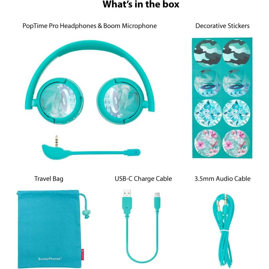 Made for Amazon Bluetooth Kids Headphones with Boom Microphone Age (7-12) | Teal