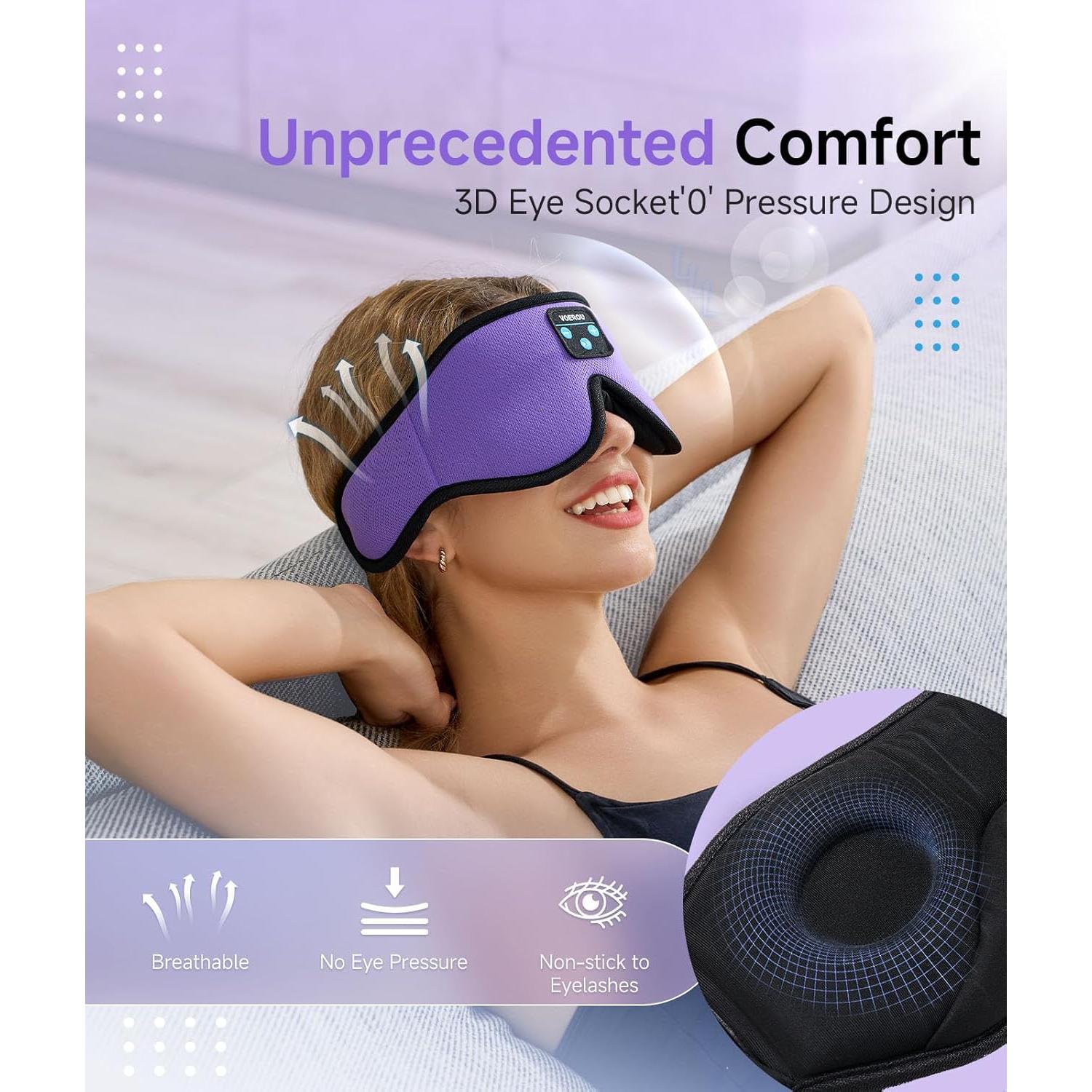 Voerou Sleep Headphones Bluetooth 5.4 Eye Mask, Sleep Mask with Bluetooth Headphones Wireless for Side Sleepers, Bulit-in Ultra-Thin Stereo Speakers Suitable for Sleep, Cool Gadgets for Men Women