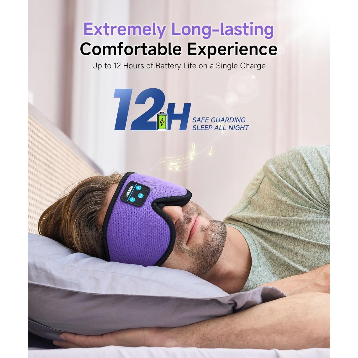 Voerou Sleep Headphones Bluetooth 5.4 Eye Mask, Sleep Mask with Bluetooth Headphones Wireless for Side Sleepers, Bulit-in Ultra-Thin Stereo Speakers Suitable for Sleep, Cool Gadgets for Men Women