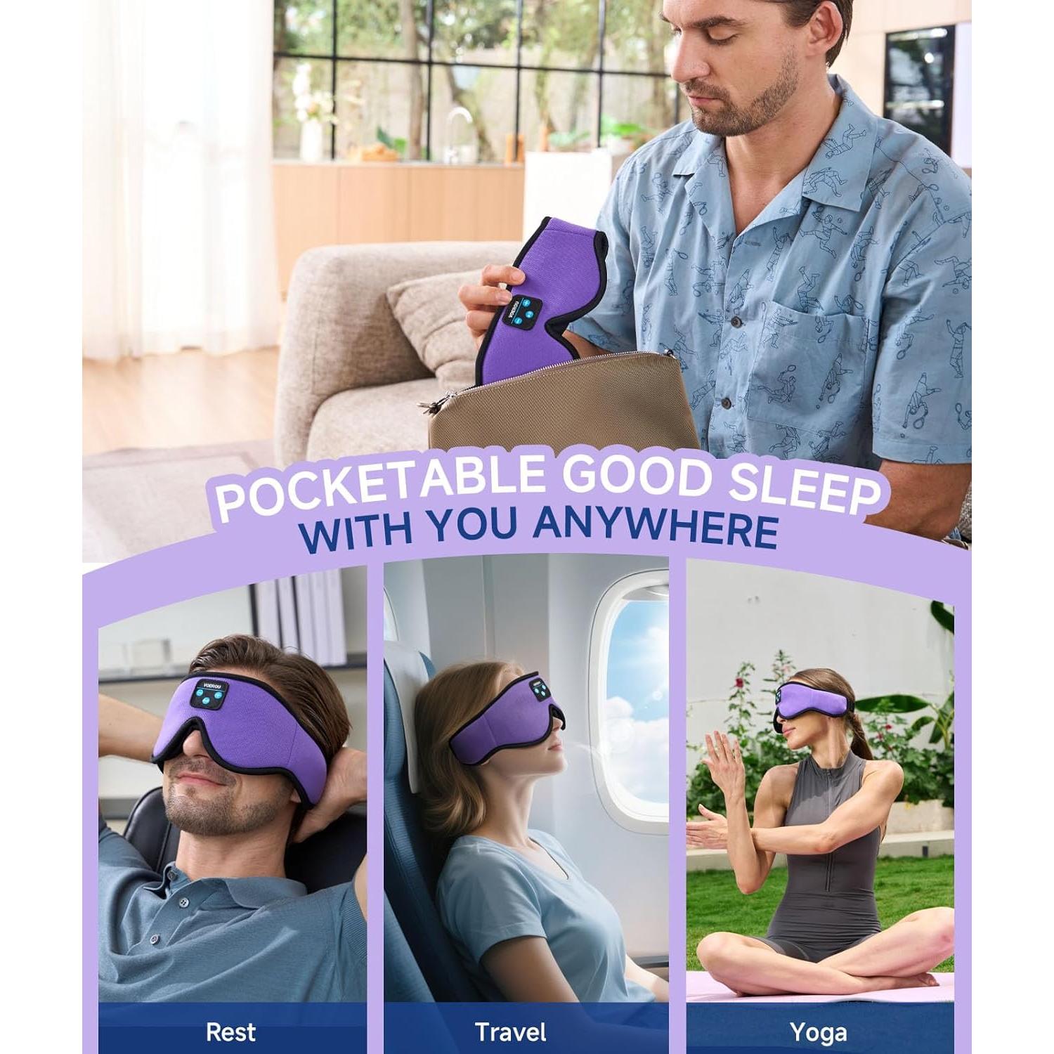 Voerou Sleep Headphones Bluetooth 5.4 Eye Mask, Sleep Mask with Bluetooth Headphones Wireless for Side Sleepers, Bulit-in Ultra-Thin Stereo Speakers Suitable for Sleep, Cool Gadgets for Men Women