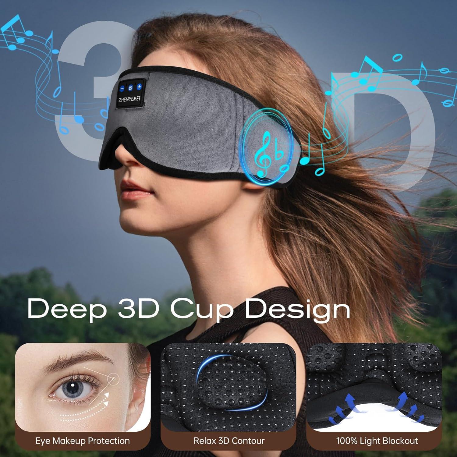 3D Sleep Mask with Bluetooth Headphones, Sleeping Headphones for Side Sleepers, Wireless Music Eye Mask with Ultra-Thin Stereo Speakers for Men, Women, Tech Gifts, Grey