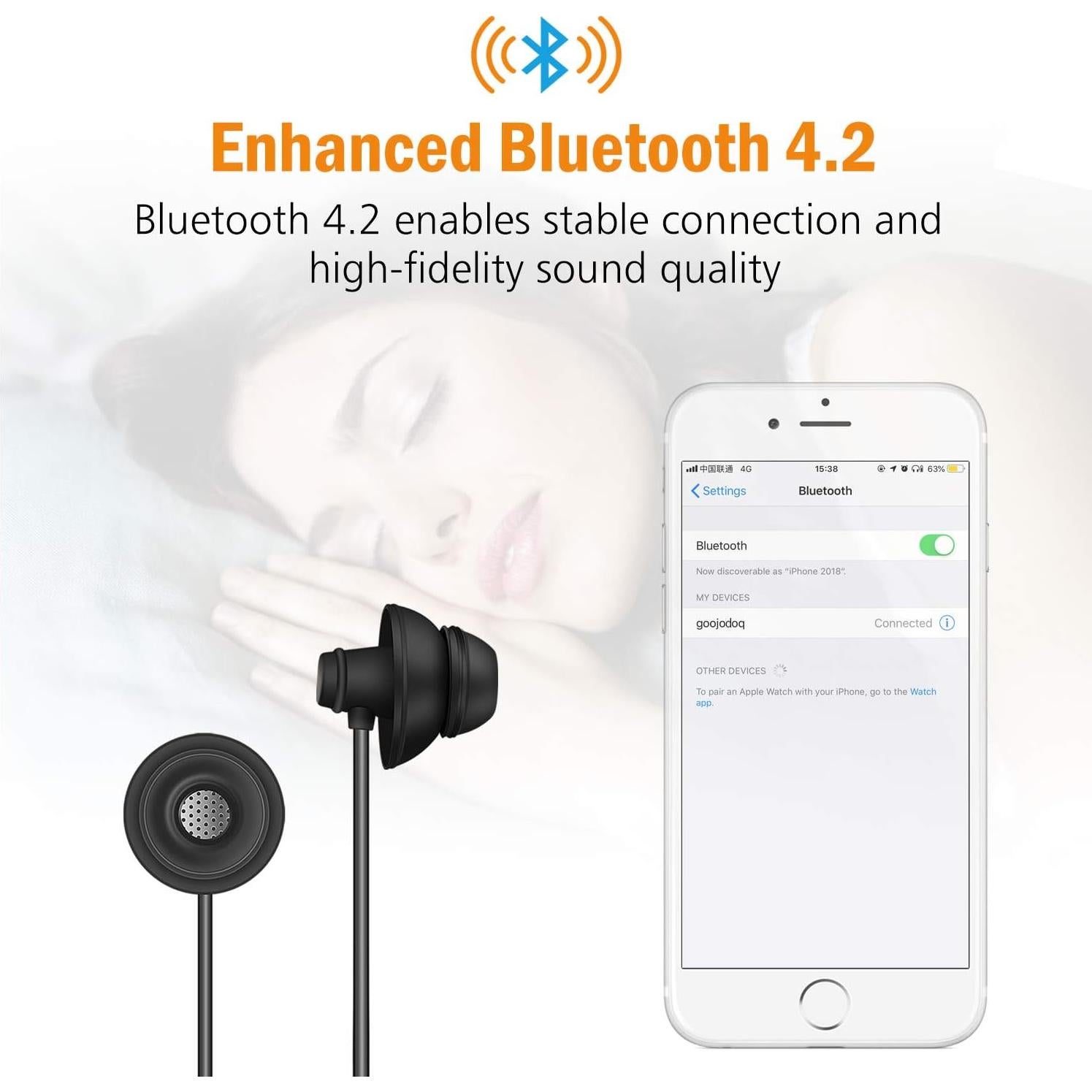 Bluetooth Sleep Headphones - GOOJODOQ Bluetooth 4.2 Wireless Soft in-Ear Sleeping Earbuds, 18 Hours Music time, Wireless Sleep Headsets for Insomnia, Side Sleeper, Gym, Relaxation and Sports-Black