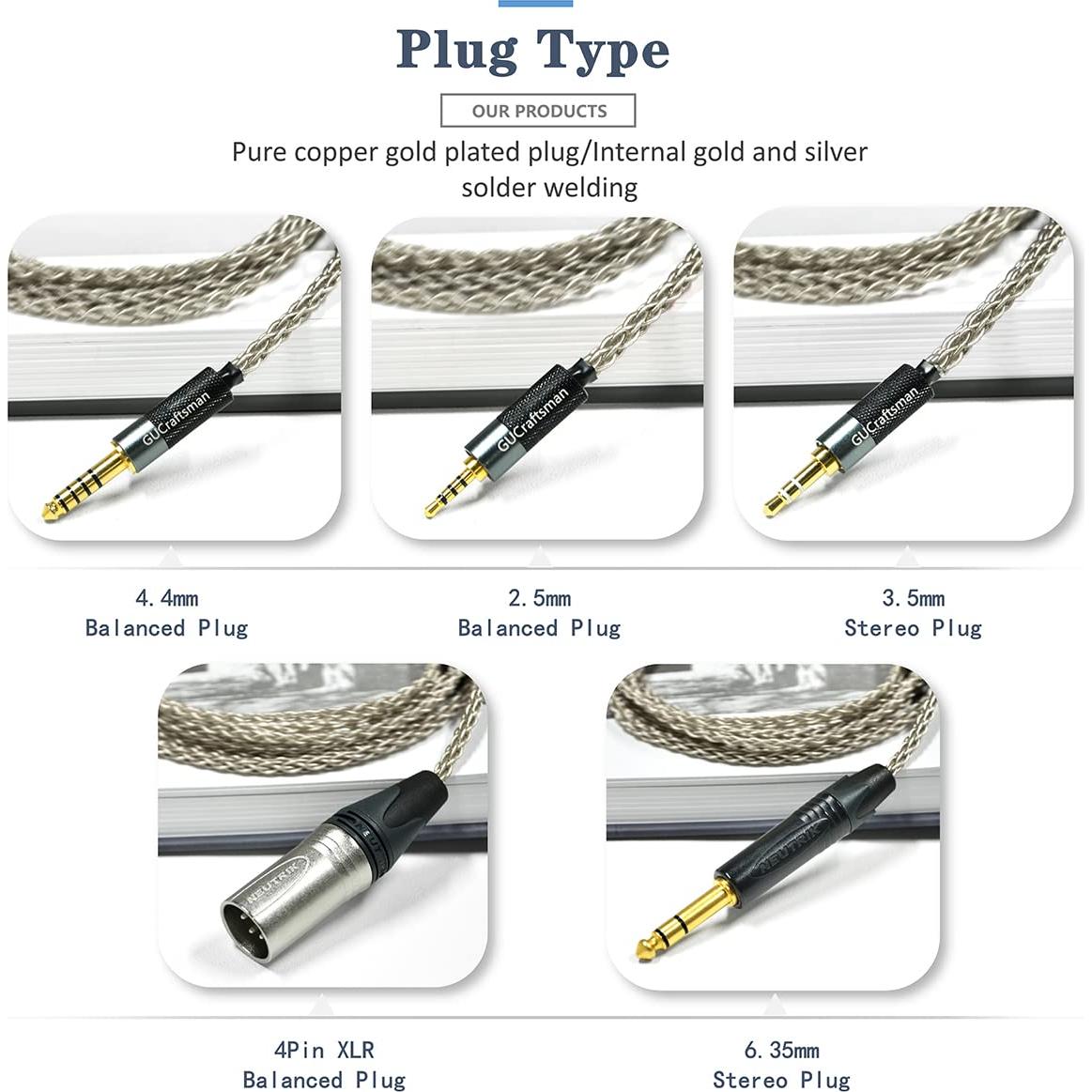 Cable de Auriculares GUCraftsman 1.8m 6N Plata 3.5mm/4.4mm/6.35mm