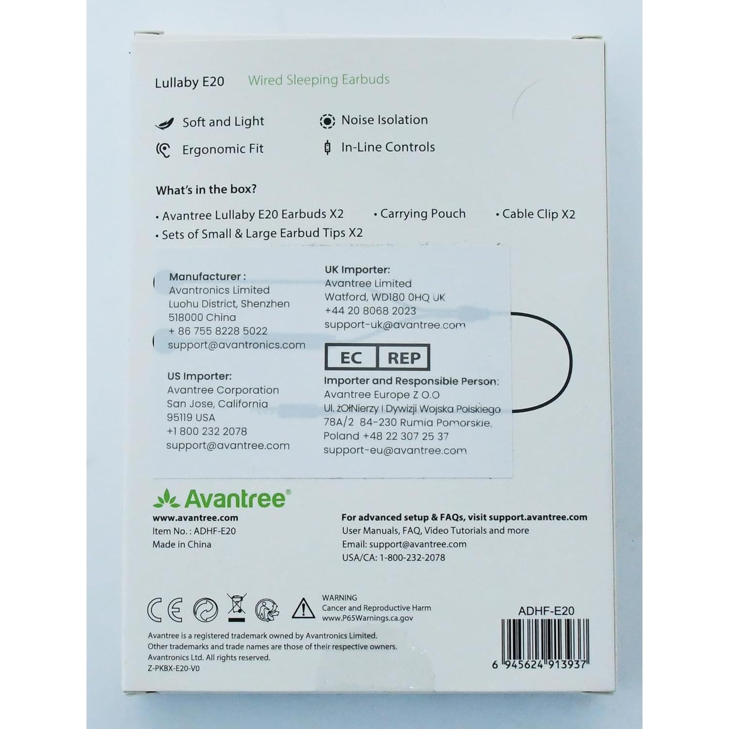 Auriculares con Cable Avantree Lullaby E20 para Dormir - 2 Paquetes