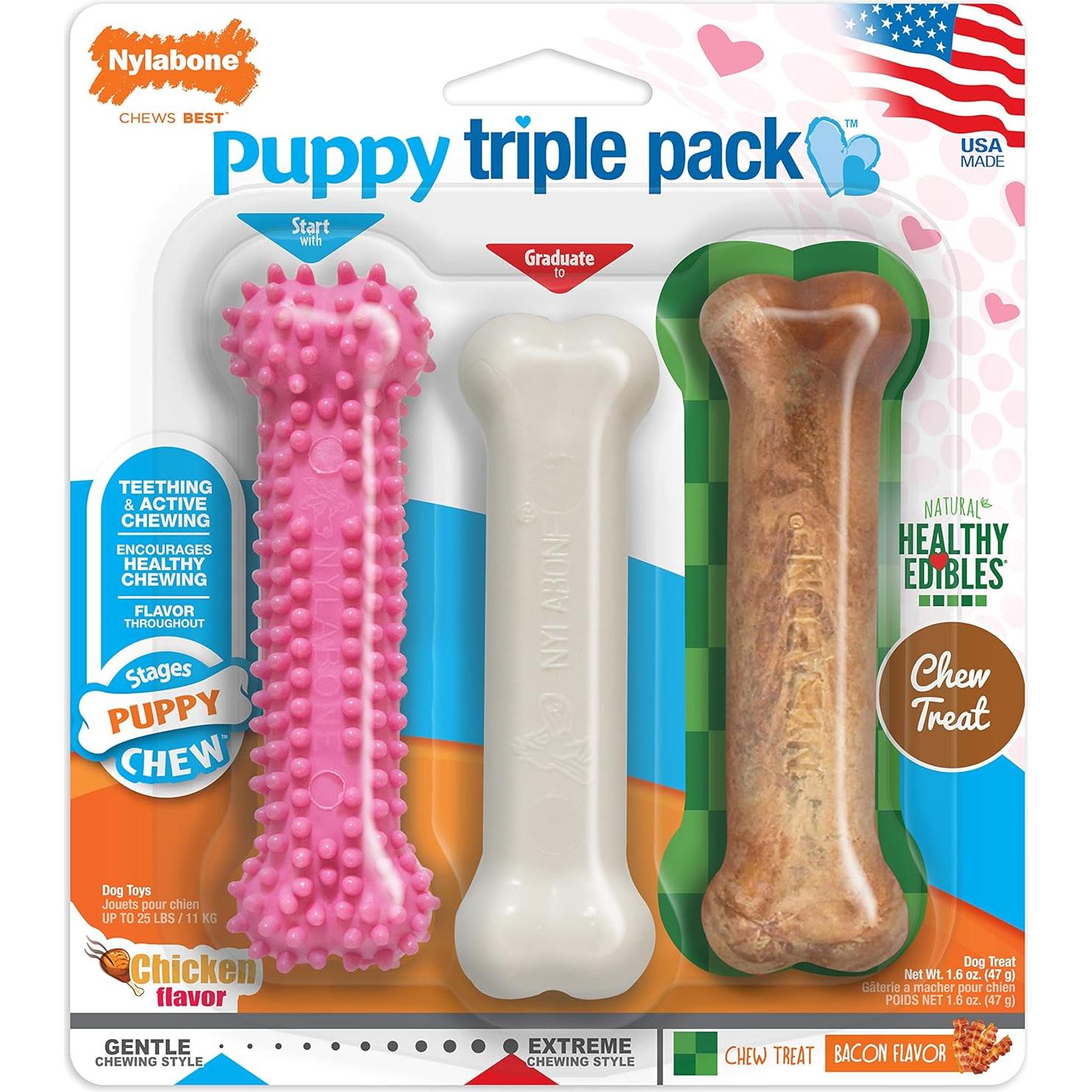 Paquete Triple Juguetes para Cachorros Nylabone Rosa 11,34 kg