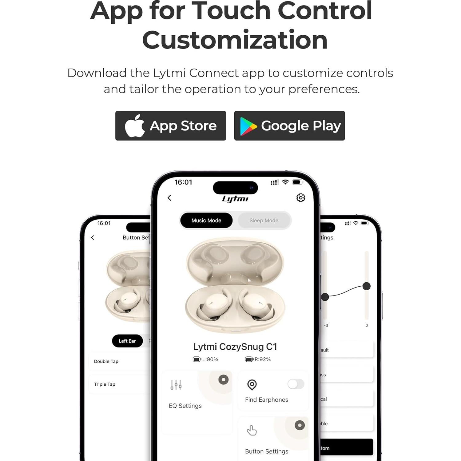 Lytmi CozySnug C1 Sleep Earbuds, Bluetooth 5.3 Noise-Blocking Sleep Headphones, App Control, Comfortable Fit, 3 Sizes of Ear Tips, 21H Playtime, Compact Design for Side Sleepers