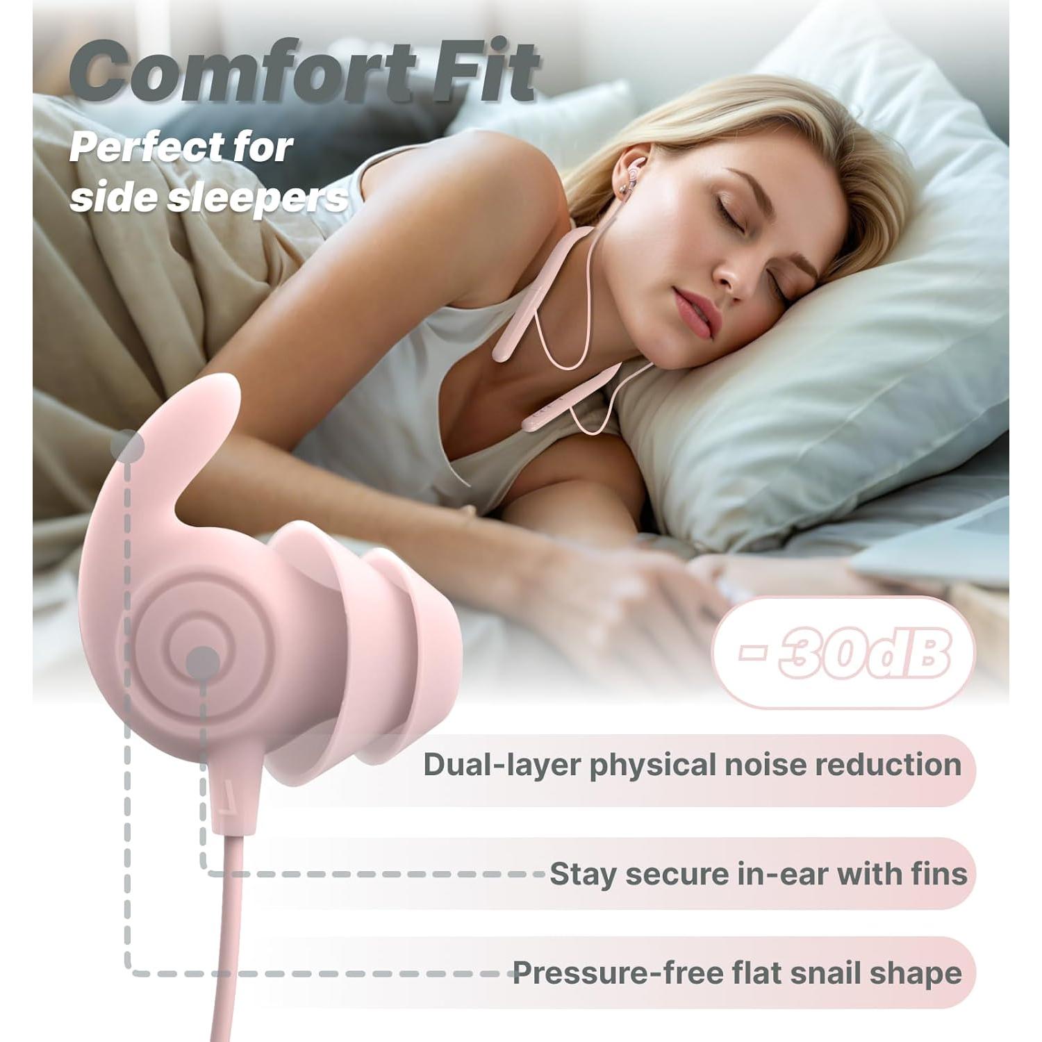 Hmusic HS88 Sleep Earbuds for Side Sleepers,Neckband Bluetooth Sleeping Headphones,-30dB Noise Isolate,Flat Thin Soft Silicone Earplug,12H Playtime w/Timer, for Yoga,Read,Air Travel,Audio Book
