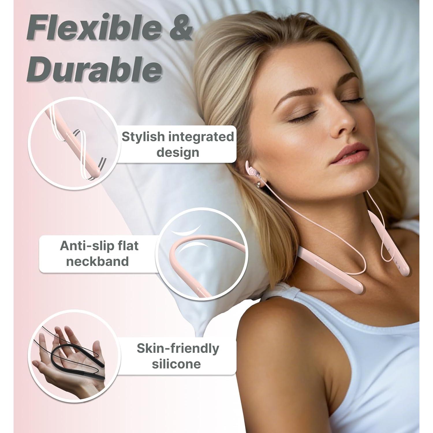 Hmusic HS88 Sleep Earbuds for Side Sleepers,Neckband Bluetooth Sleeping Headphones,-30dB Noise Isolate,Flat Thin Soft Silicone Earplug,12H Playtime w/Timer, for Yoga,Read,Air Travel,Audio Book