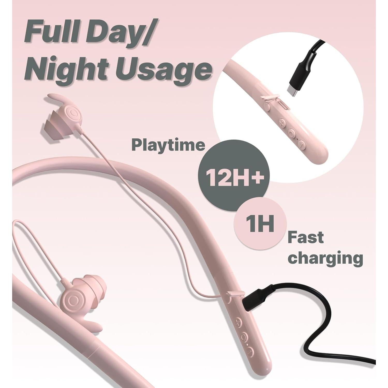 Hmusic HS88 Sleep Earbuds for Side Sleepers,Neckband Bluetooth Sleeping Headphones,-30dB Noise Isolate,Flat Thin Soft Silicone Earplug,12H Playtime w/Timer, for Yoga,Read,Air Travel,Audio Book