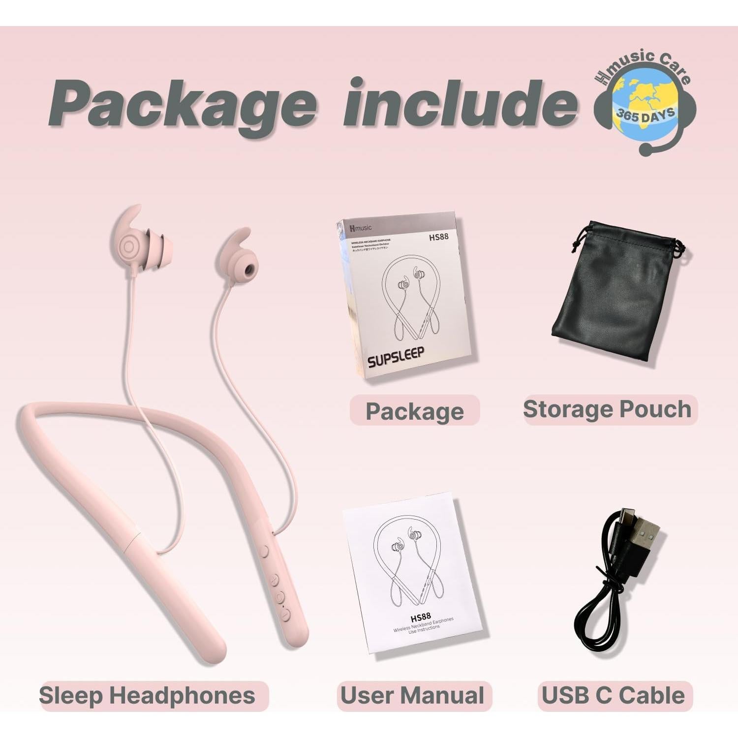 Hmusic HS88 Sleep Earbuds for Side Sleepers,Neckband Bluetooth Sleeping Headphones,-30dB Noise Isolate,Flat Thin Soft Silicone Earplug,12H Playtime w/Timer, for Yoga,Read,Air Travel,Audio Book