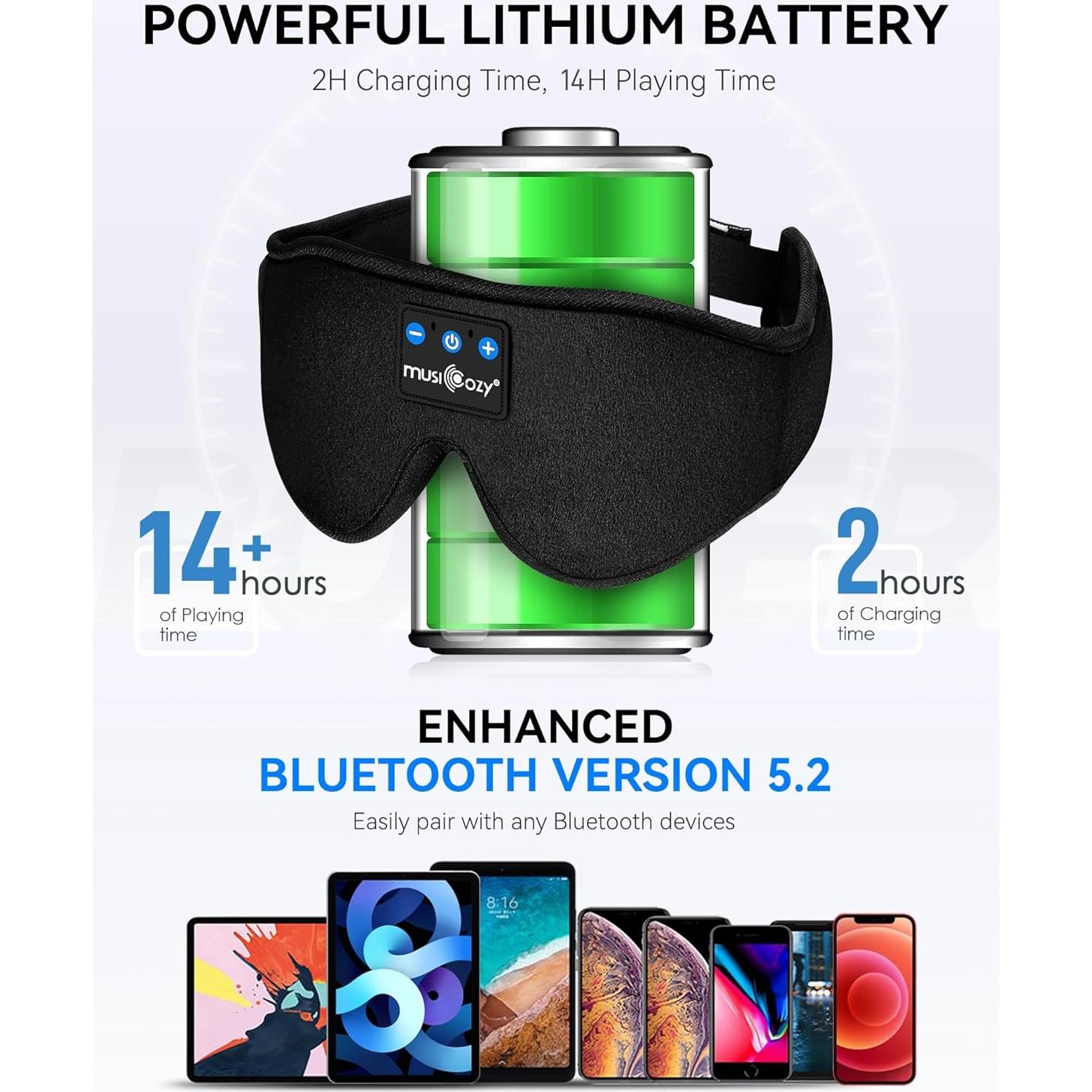 MUSICOZY Ice Silk Sleep Mask Headphones, Sleep Headphones,Bluetooth 5.4 Sleep Mask Headband Headphones Sleeping Eye Mask,Earbuds Earphones with HD Headphones Stereo Speakers for Men Women